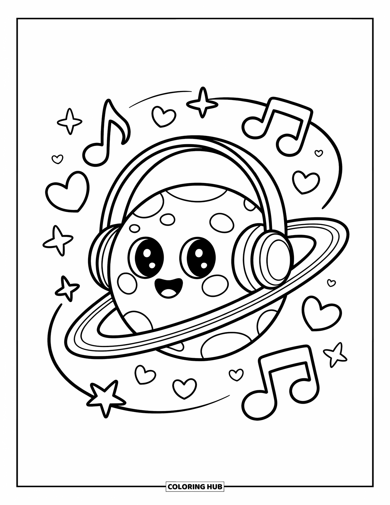 Coloriage de planète pour adultes : Une planète souriante avec des écouteurs flotte dans un espace rempli de musique avec des étoiles et de petits instruments