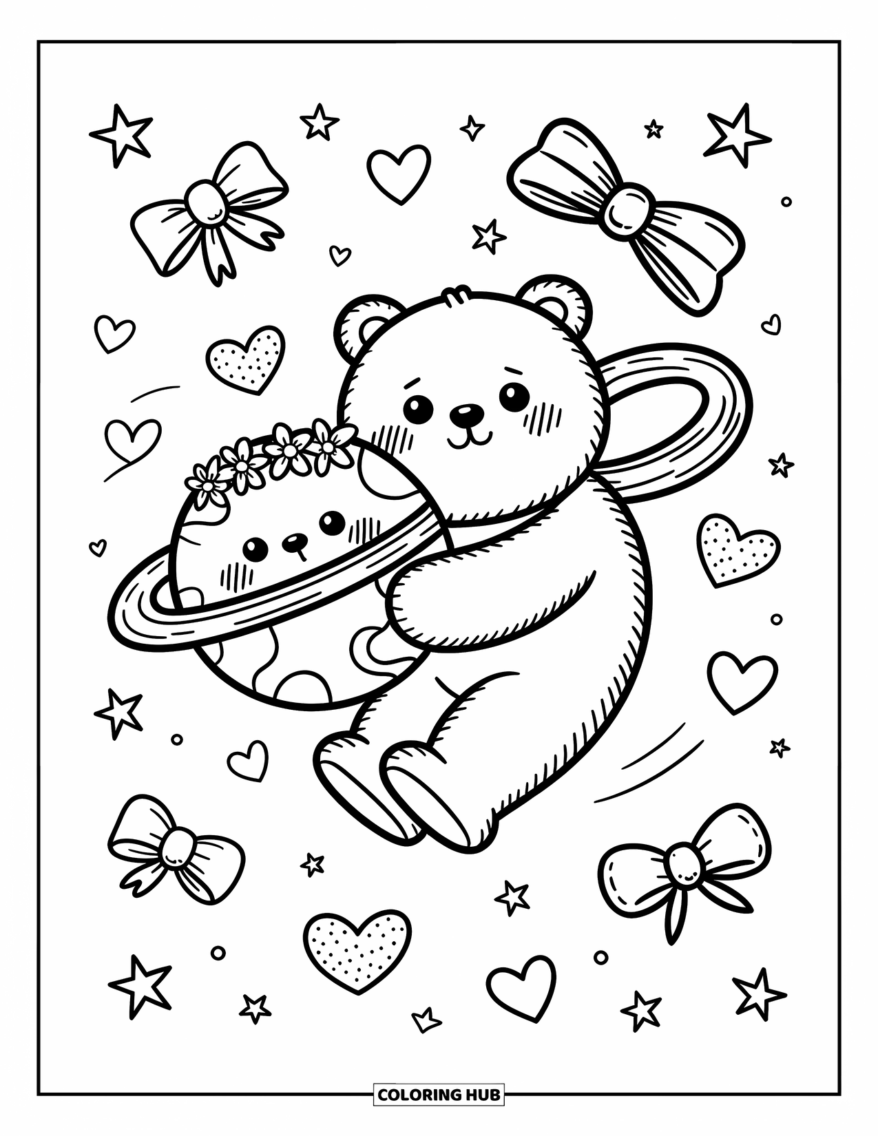Coloriage de planète pour adultes : Un ours doux serre dans ses bras une planète couronnée de fleurs tandis que des étoiles, des cœurs et des nœuds flottent autour d’eux