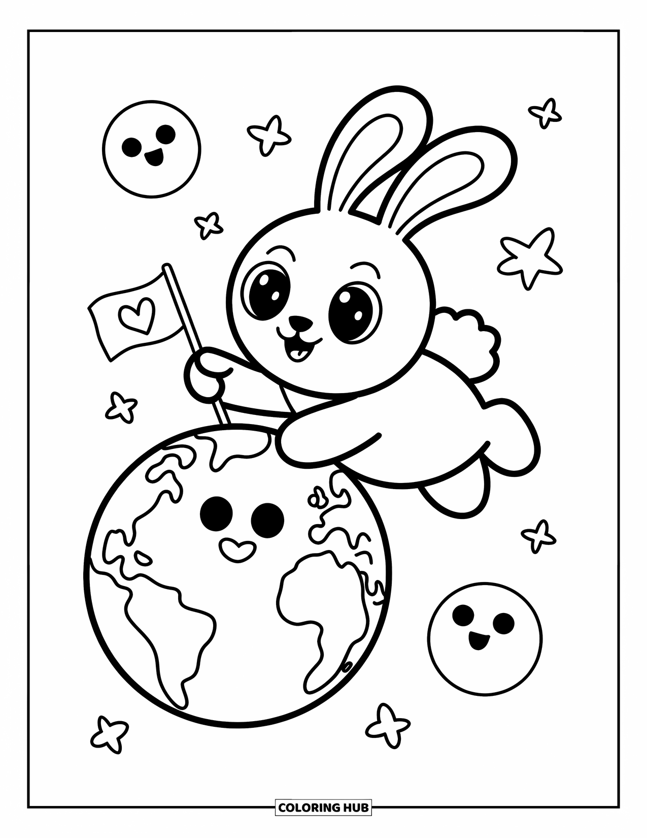 Coloriage de planète pour adultes : Un lapin doux plante un drapeau de cœur à côté d’une Terre souriante et d’amis étoiles joyeux