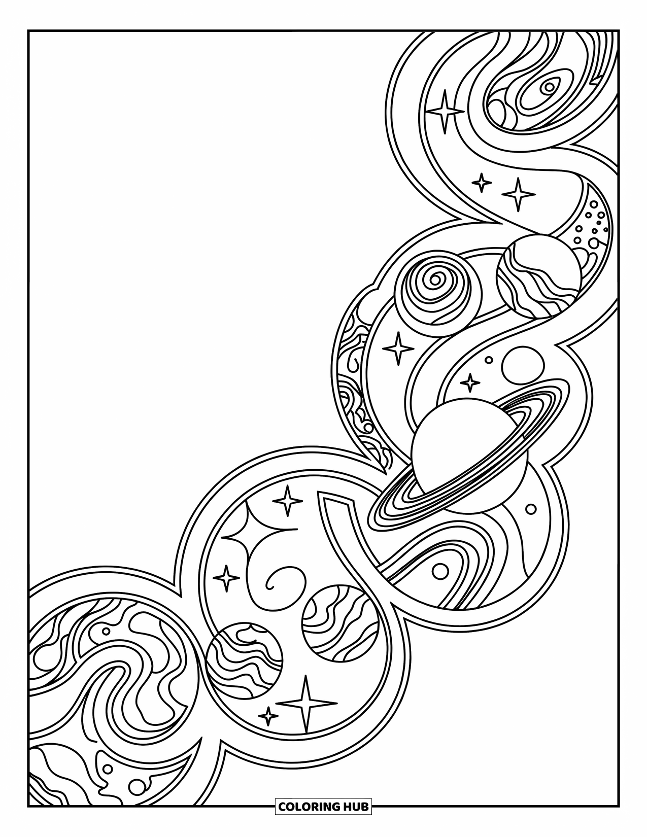 Coloriage de planète pour adultes : Une bordure symétrique d’étoiles et de planètes tourbillonnantes crée un design cosmique rêveur et complexe
