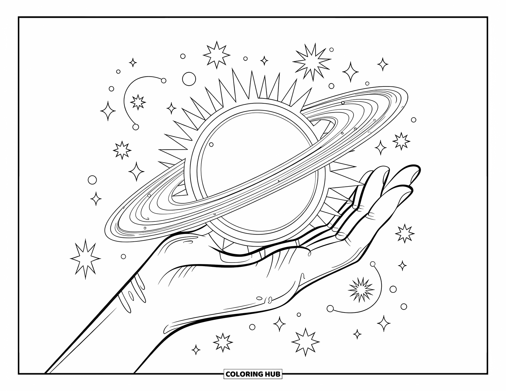 Coloriage de planète pour adultes : Une main élégante tient un orbe de système solaire enveloppé d’étoiles et de galaxies tourbillonnantes