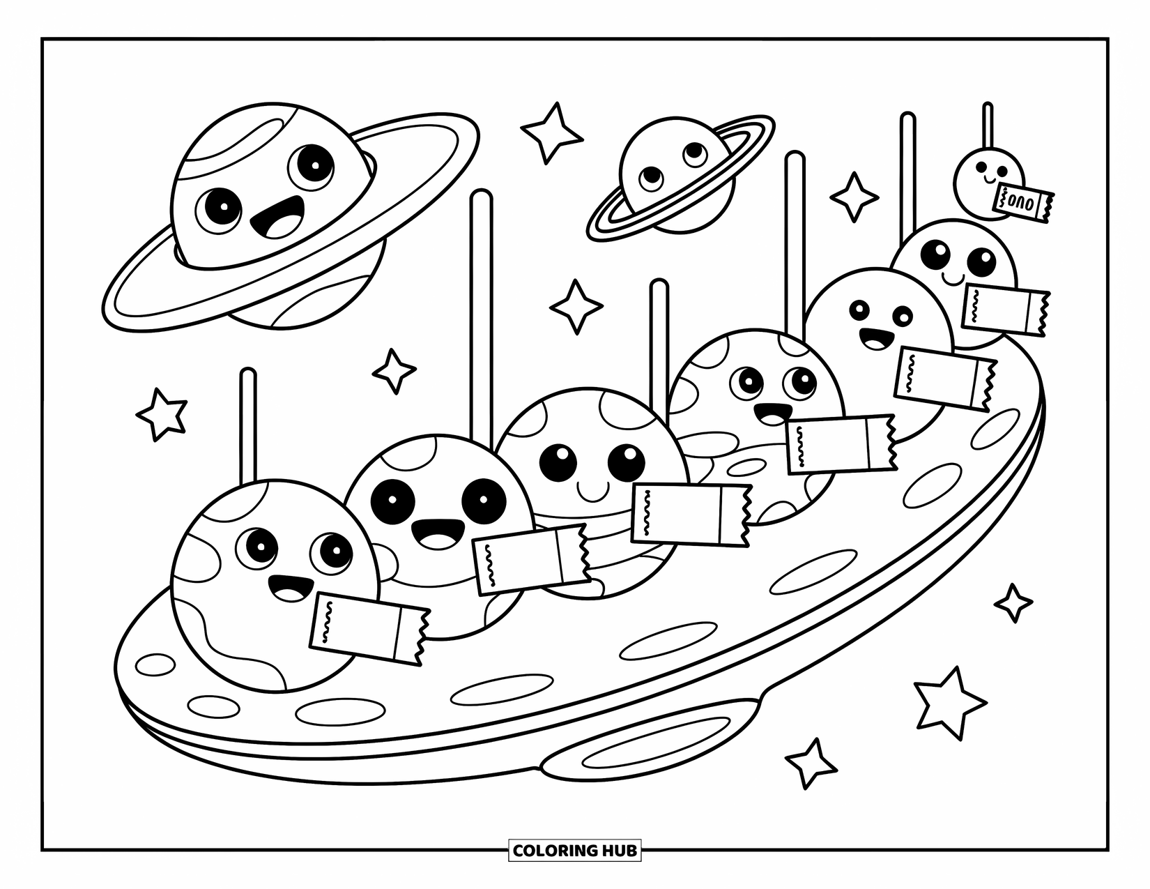 Coloriage de planète pour adultes : Des planètes joyeuses font la queue avec des billets pour une promenade sur un carrousel d’OVNI flottant