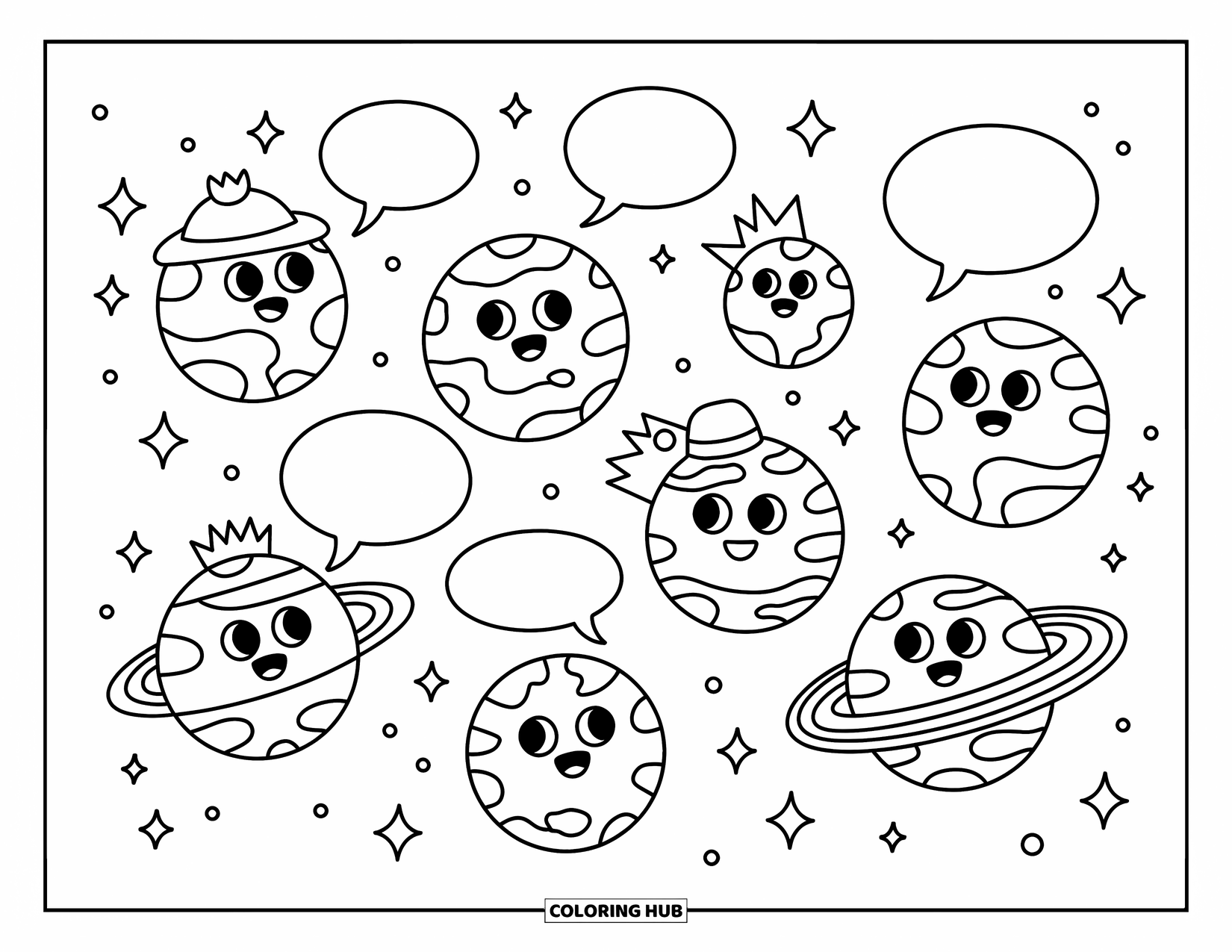 Coloriage de planète pour adultes : Des planètes chibi discutent joyeusement dans l’espace, portant des accessoires amusants et entourées d’étoiles scintillantes
