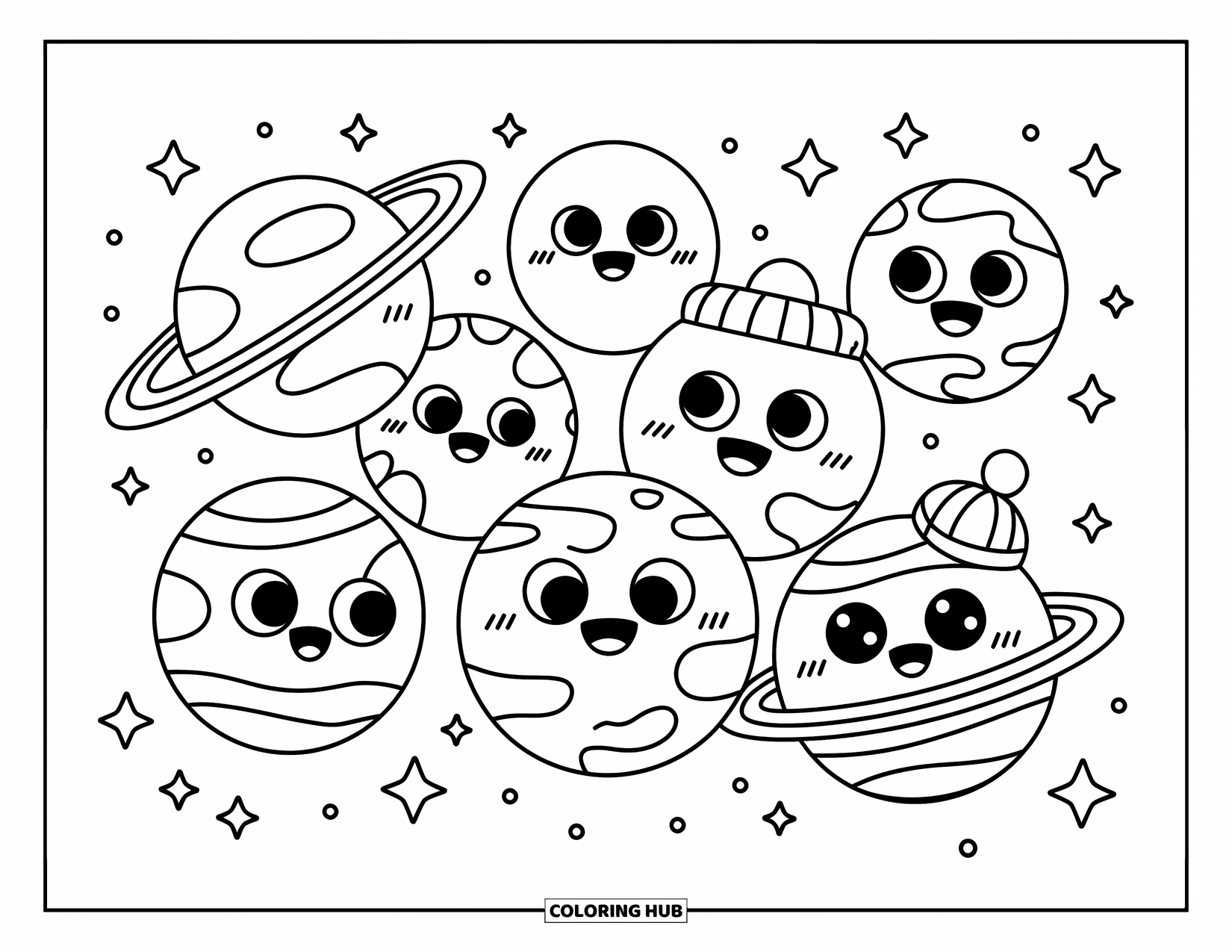 Coloriage de planète pour adultes : Des planètes expressives avec des chapeaux et des lunettes discutent dans un ciel scintillant rempli d’étincelles