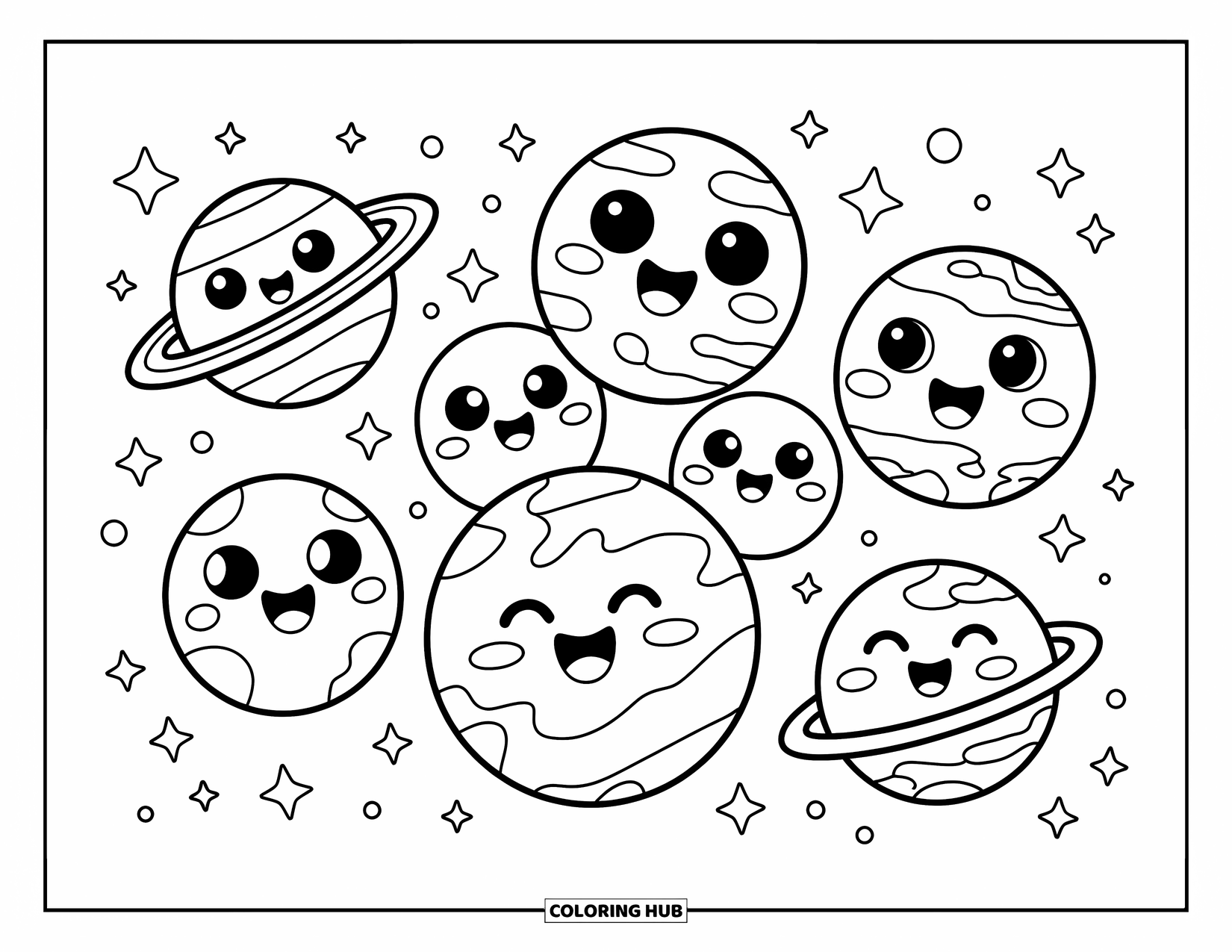 Coloriage de planète pour adultes : Des planètes joyeuses flottent parmi des étincelles, partageant des sourires et entourées d’une pluie d’étoiles