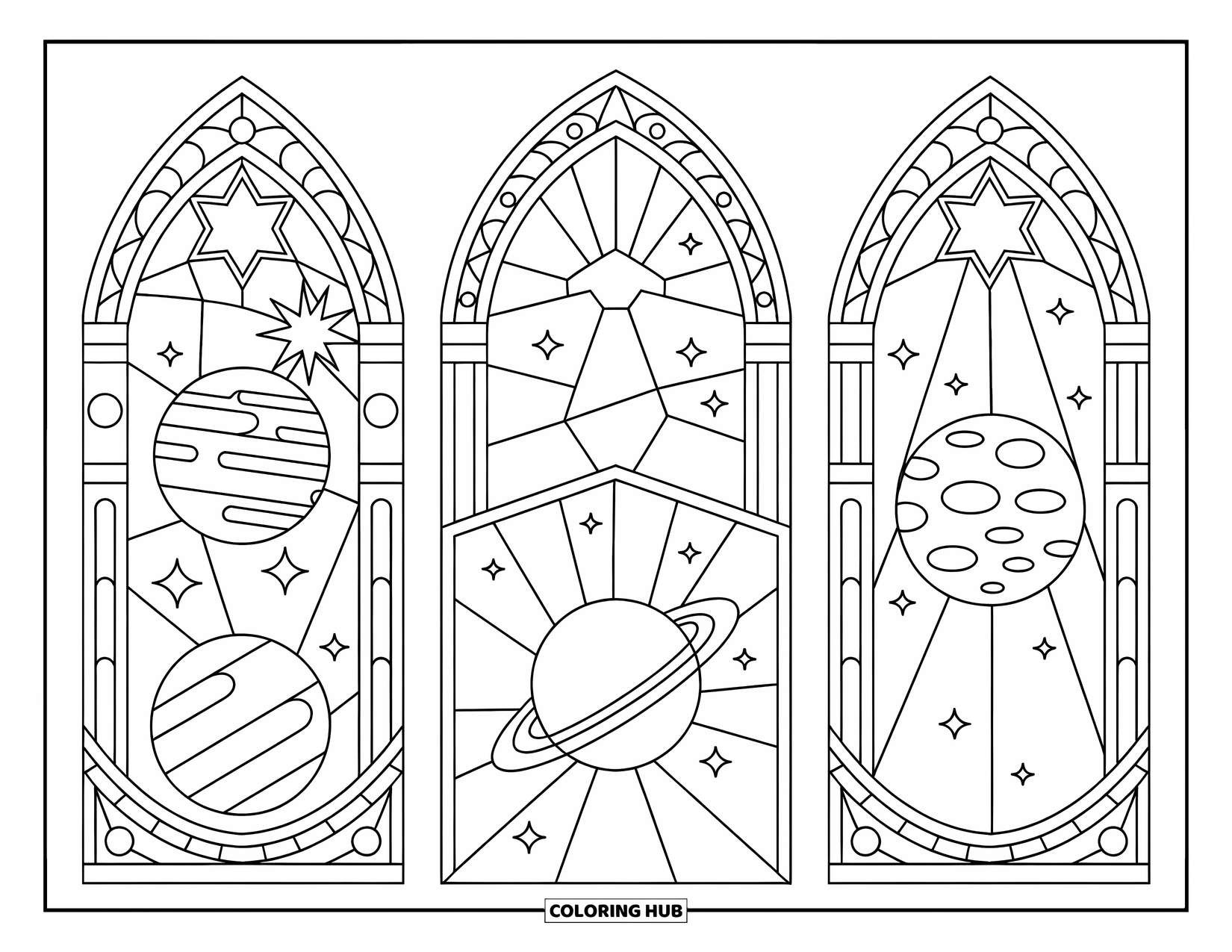 Coloriage de planète pour adultes : Des planètes complexes reposent dans des arches gothiques, entourées d’étoiles et de détails floraux en vitrail