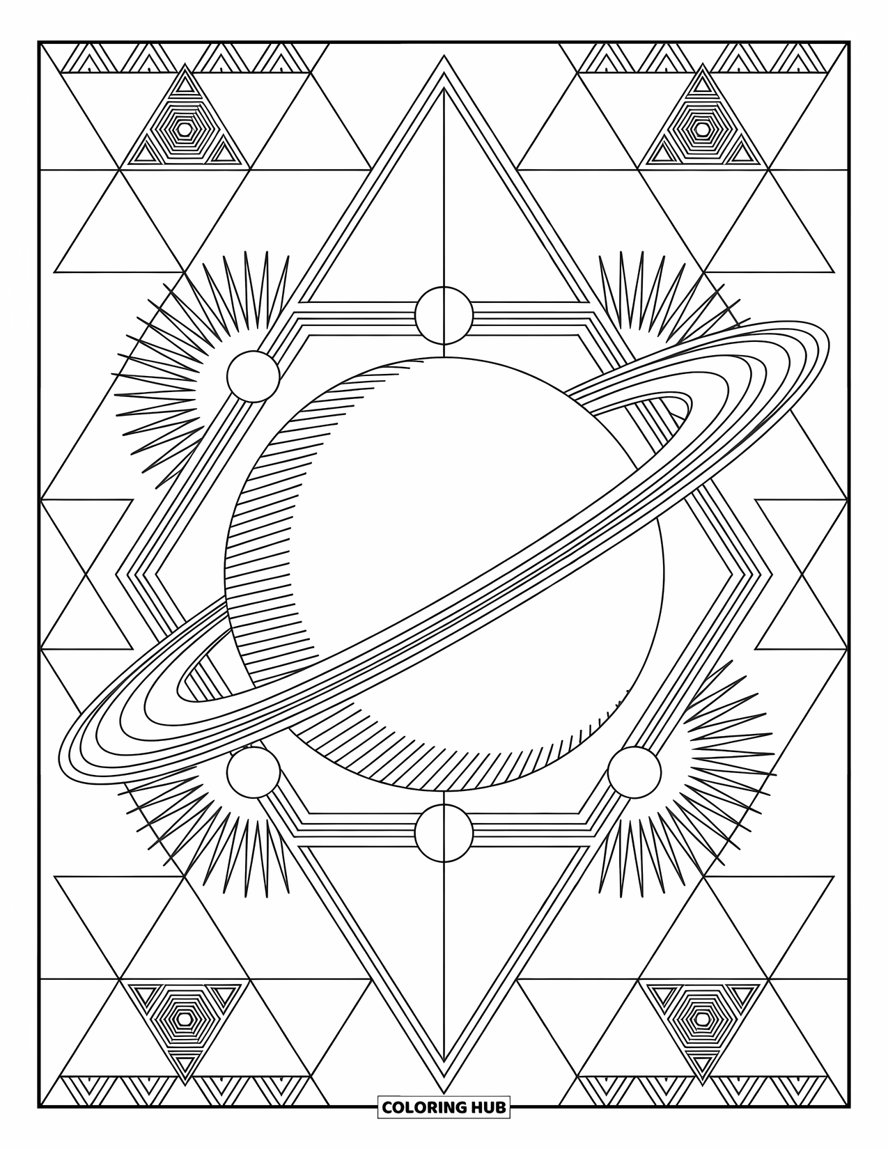 Coloriage de planète pour adultes : Des planètes en orbite se trouvent à l’intérieur de triangles et d’hexagones remplis d’étoiles dans une disposition géométrique équilibrée