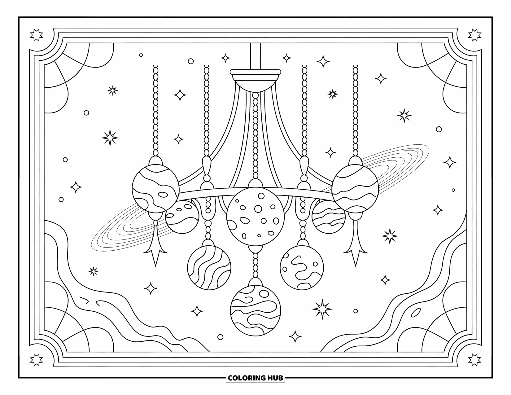 Coloriage de planète pour adultes : Des chaînes ornées tiennent des planètes à motifs dans un lustre entouré d’étoiles et de motifs spatiaux