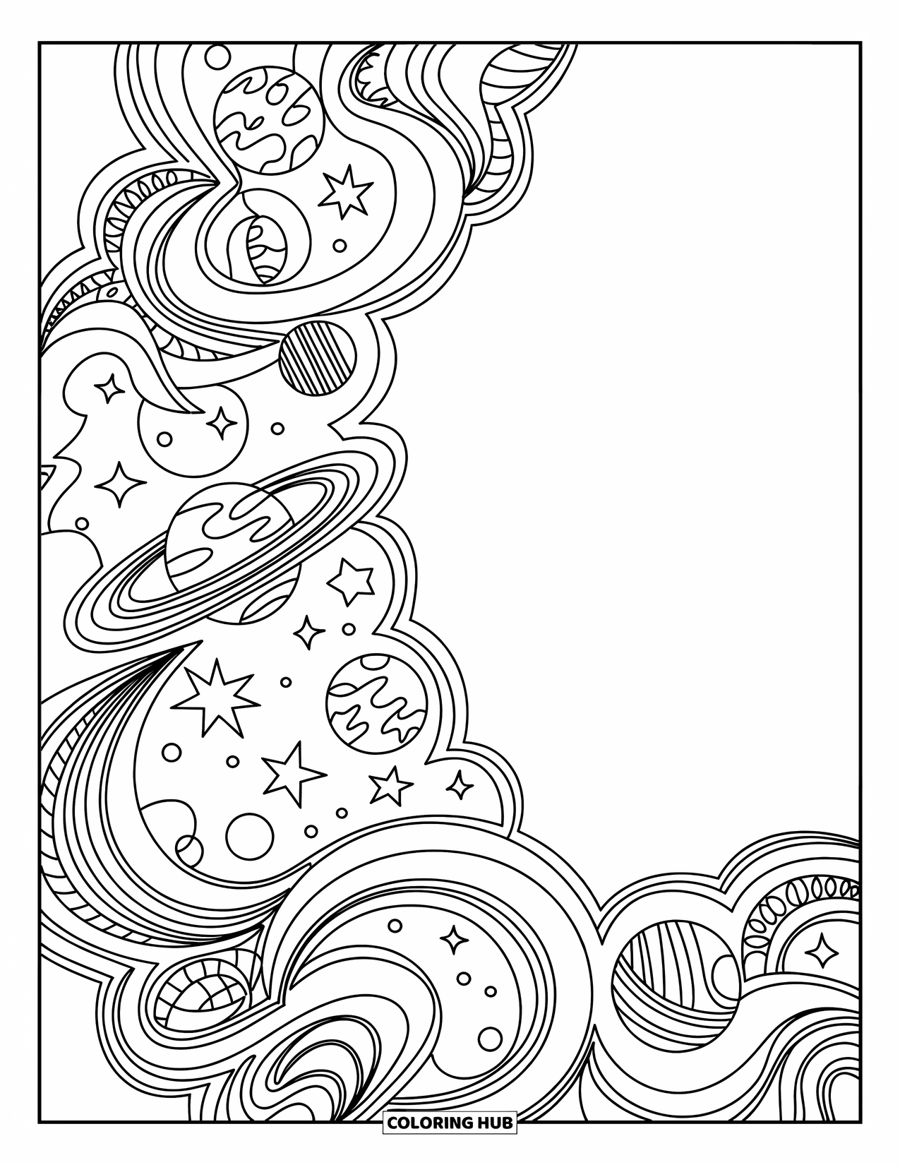 Coloriage de planète pour adultes : Des planètes et des étoiles tourbillonnent à travers une bordure en forme de dentelle remplie de motifs cosmiques et de courbes élégantes