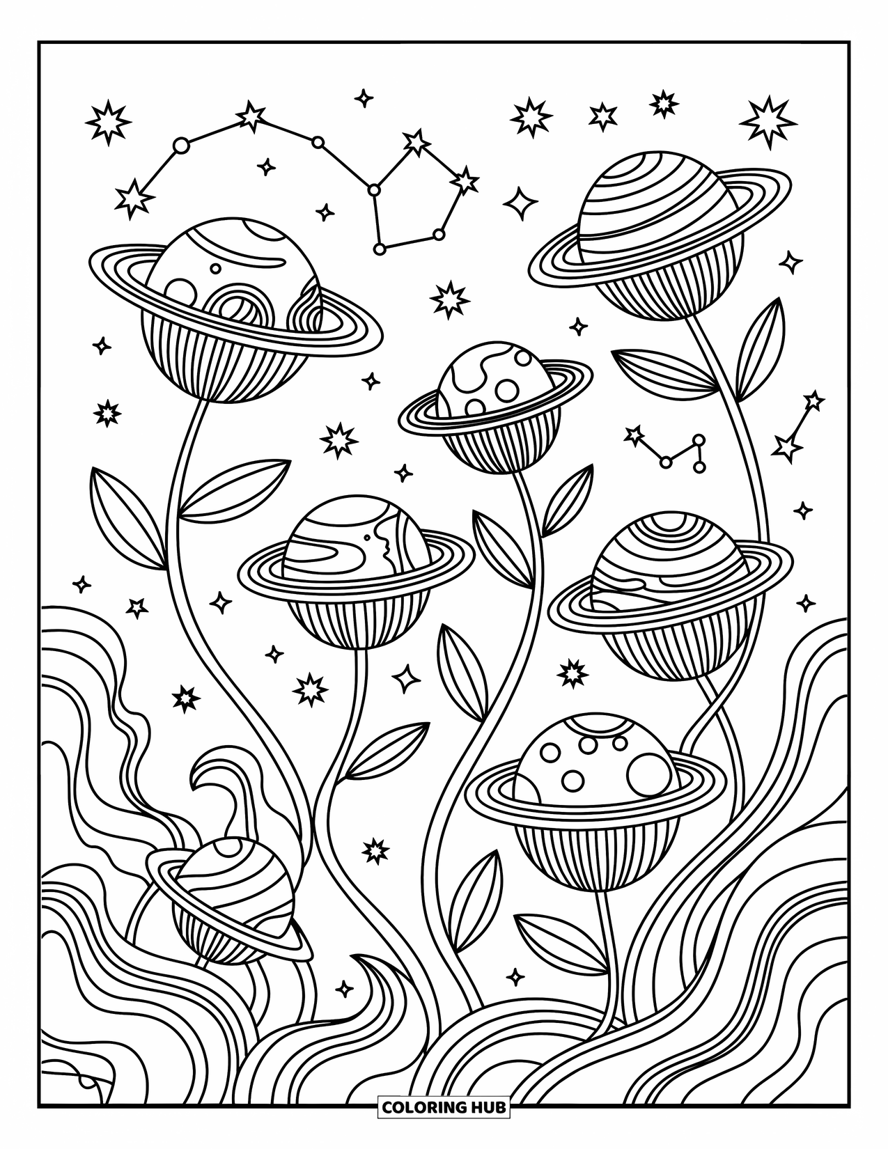 Coloriage de planète pour adultes : Des planètes fleurissent comme des fleurs sur des tiges tourbillonnantes dans un jardin spatial étoilé et fantaisiste