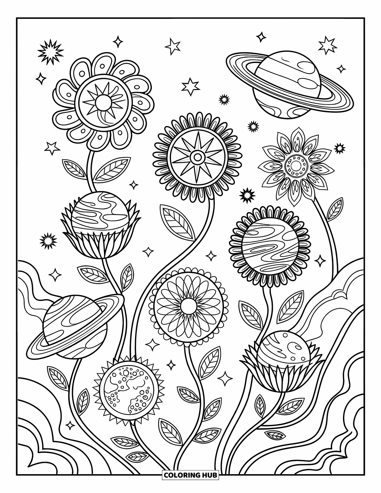 Coloriage de planète pour adultes : Des planètes s’épanouissent comme des fleurs dans un jardin rêveur de tiges tourbillonnantes et de symboles célestes
