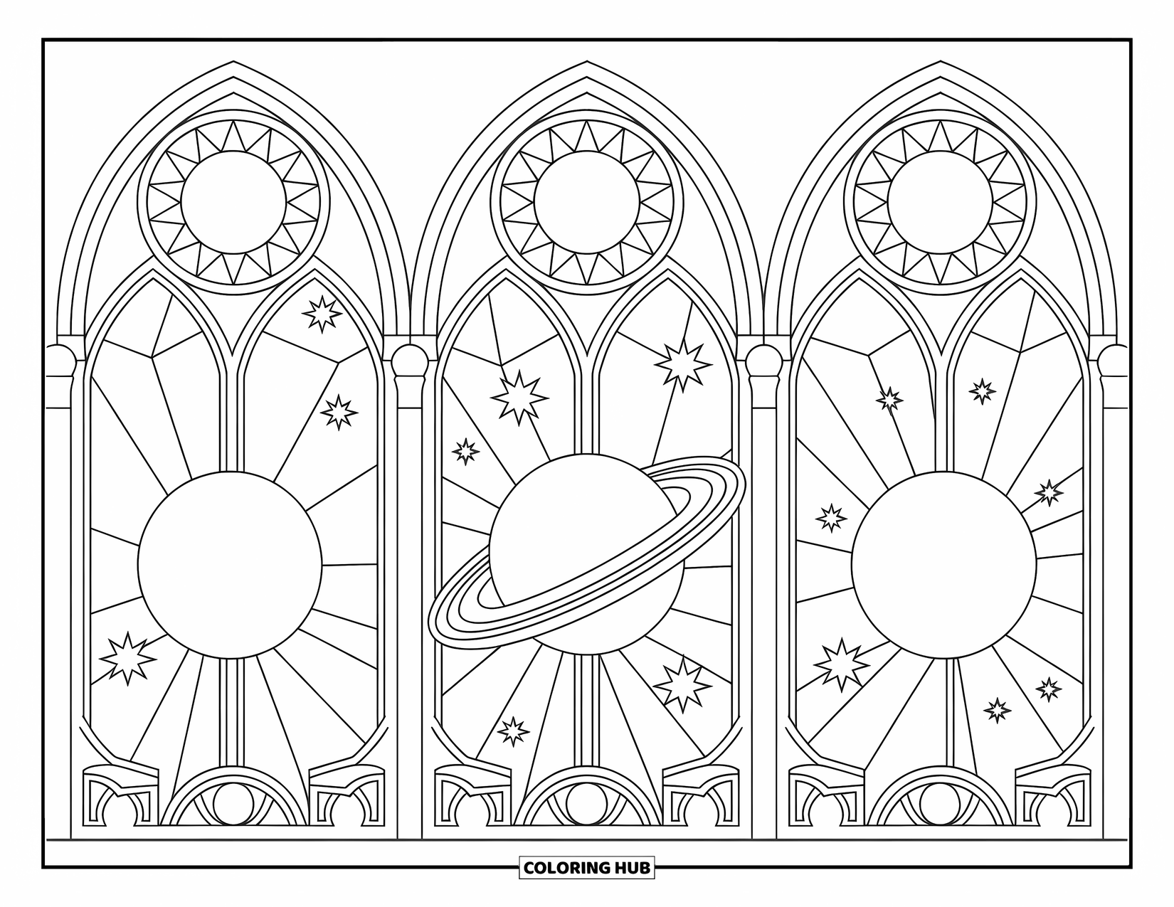 Coloriage de planète pour adultes : Des planètes brillent à l’intérieur des arches de la cathédrale avec des fenêtres étoilées et de délicats motifs en vitrail