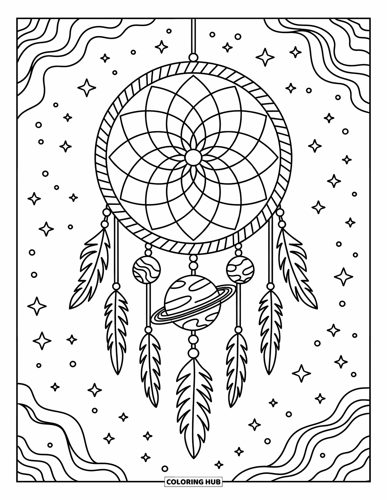 Coloriage de planète pour adultes : Des planètes pendent d’un attrape-rêves céleste sous une toile d’étoiles et de motifs tourbillonnants