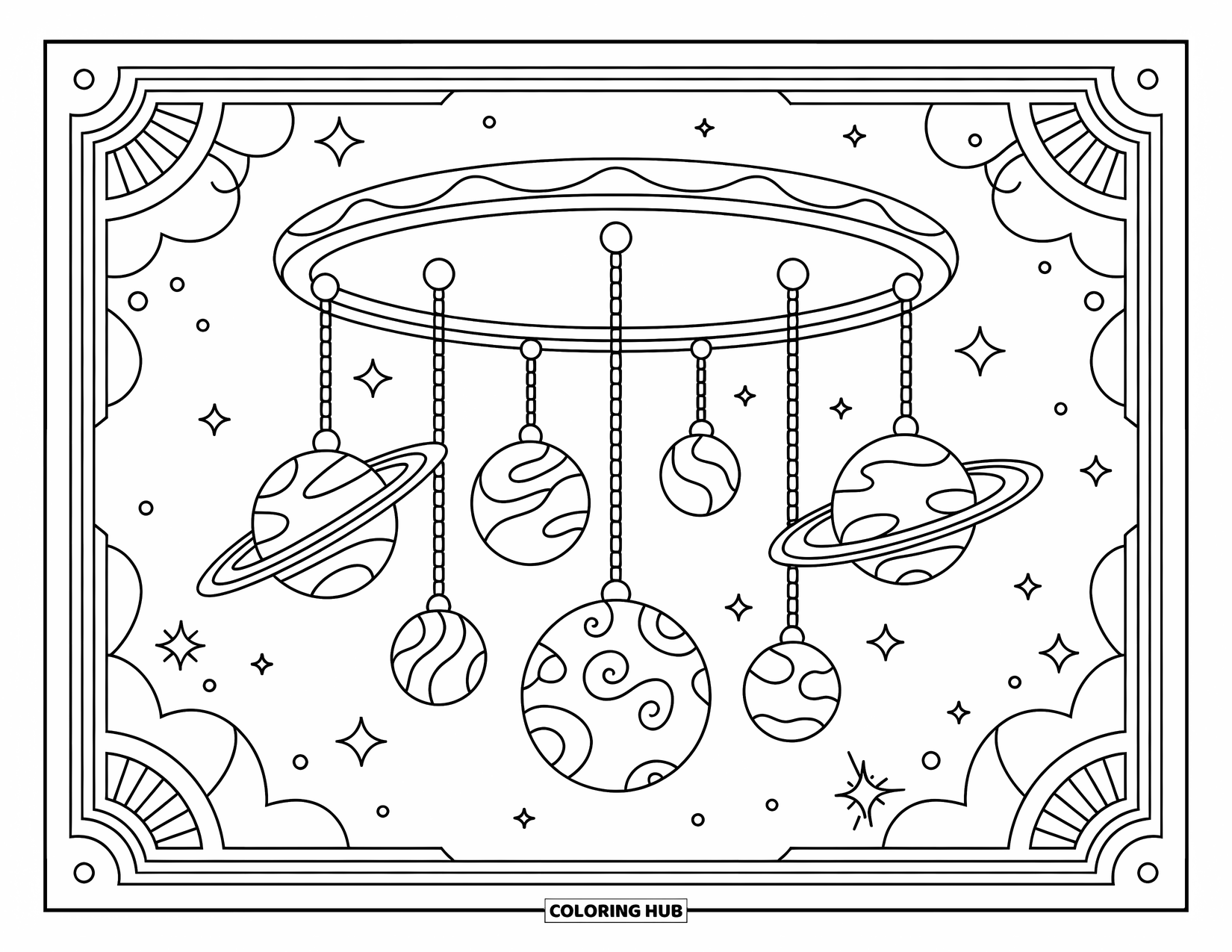 Coloriage de planète pour adultes : Des planètes pendent comme des bijoux d’un lustre dans l’espace, reliées par des chaînes étoilées ornées