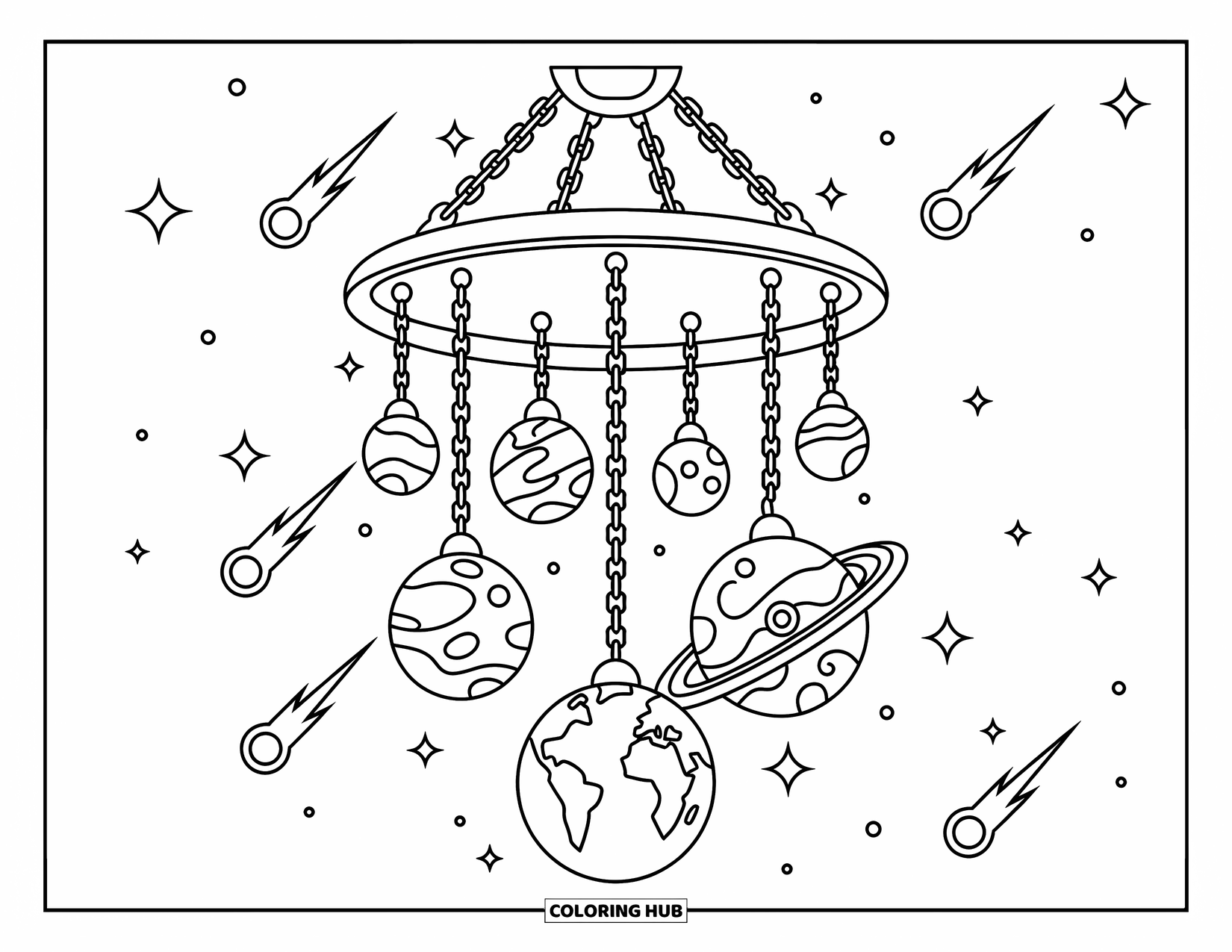 Coloriage de planète pour adultes : Des planètes dans un lustre flottent dans l’espace avec des chaînes tourbillonnantes, des cratères et des nébuleuses brillantes