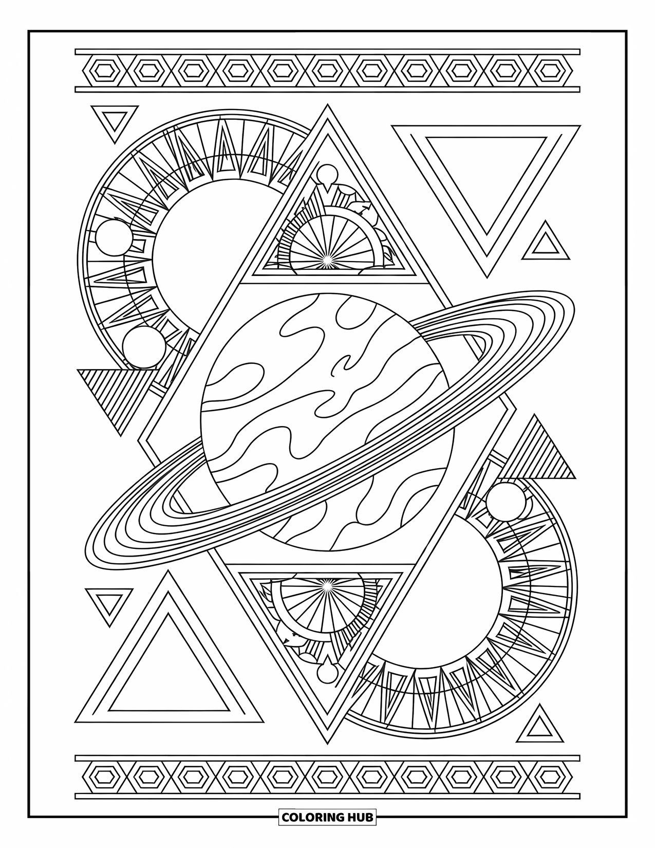 Coloriage de planète pour adultes : Des planètes orbitent à l’intérieur de triangles et d’hexagones, entourées de mandalas et de motifs géométriques détaillés