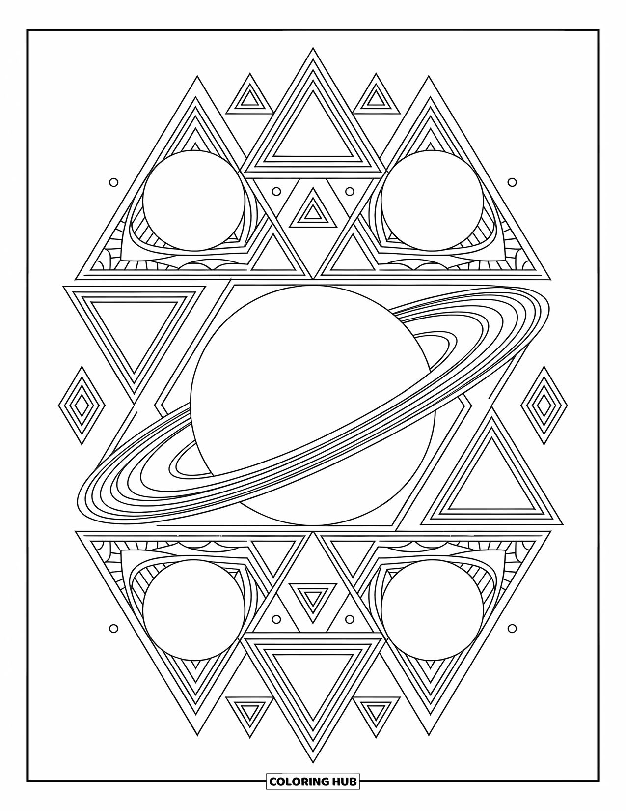 Coloriage de planète pour adultes : Des planètes reposent dans des formes géométriques complexes, entourées de motifs détaillés et de bordures décoratives