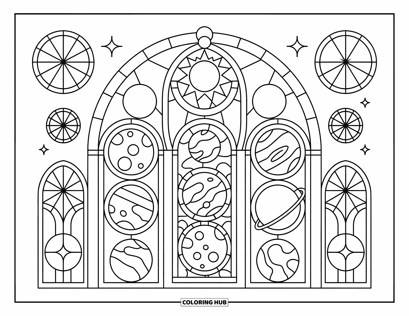 Coloriage de planète pour adultes : Des planètes brillent à travers des arches de vitrail avec des motifs complexes et des fenêtres remplies d’étoiles