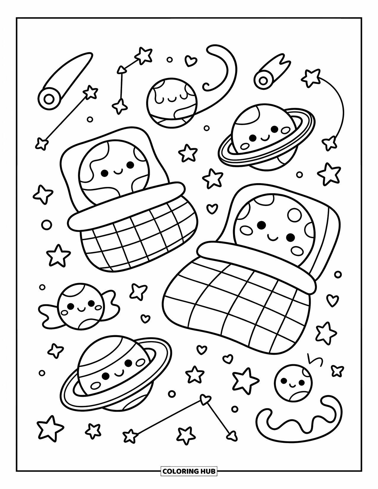 Coloriage de planète pour adultes : Des planètes ludiques font la sieste dans des lits matelassés en forme de cœur avec des lunes de veilleuse et des constellations rêveuses au-dessus