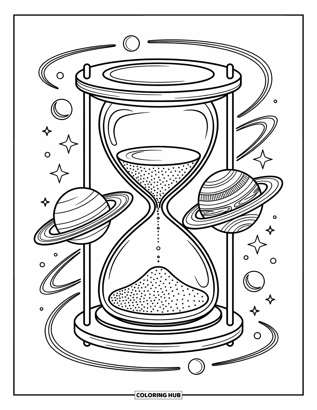 Coloriage de planète pour adultes : Le sable coule à travers un sablier entre les planètes, reliées par des flux tourbillonnants en forme d’orbite