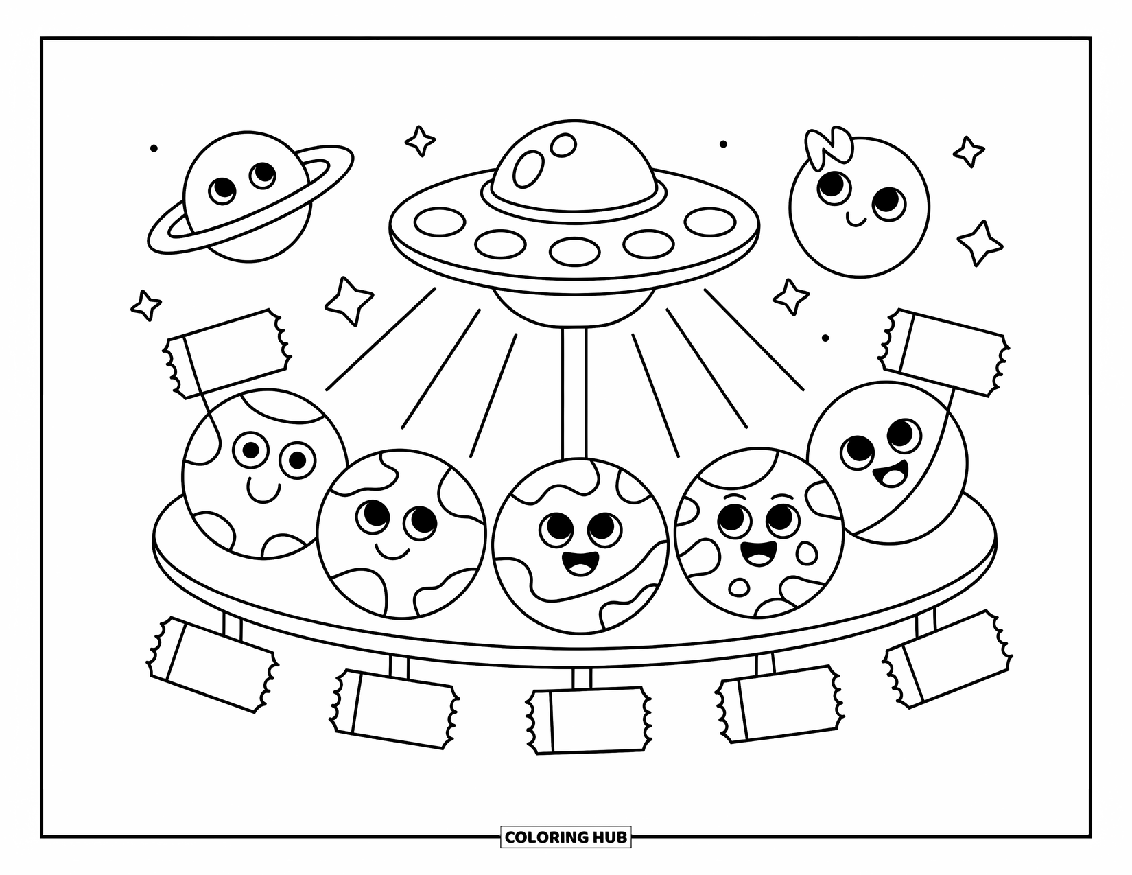 Coloriage de planète pour adultes : Des planètes souriantes attendent leur tour sur un carrousel d’OVNI tournant avec des étoiles brillantes tout autour