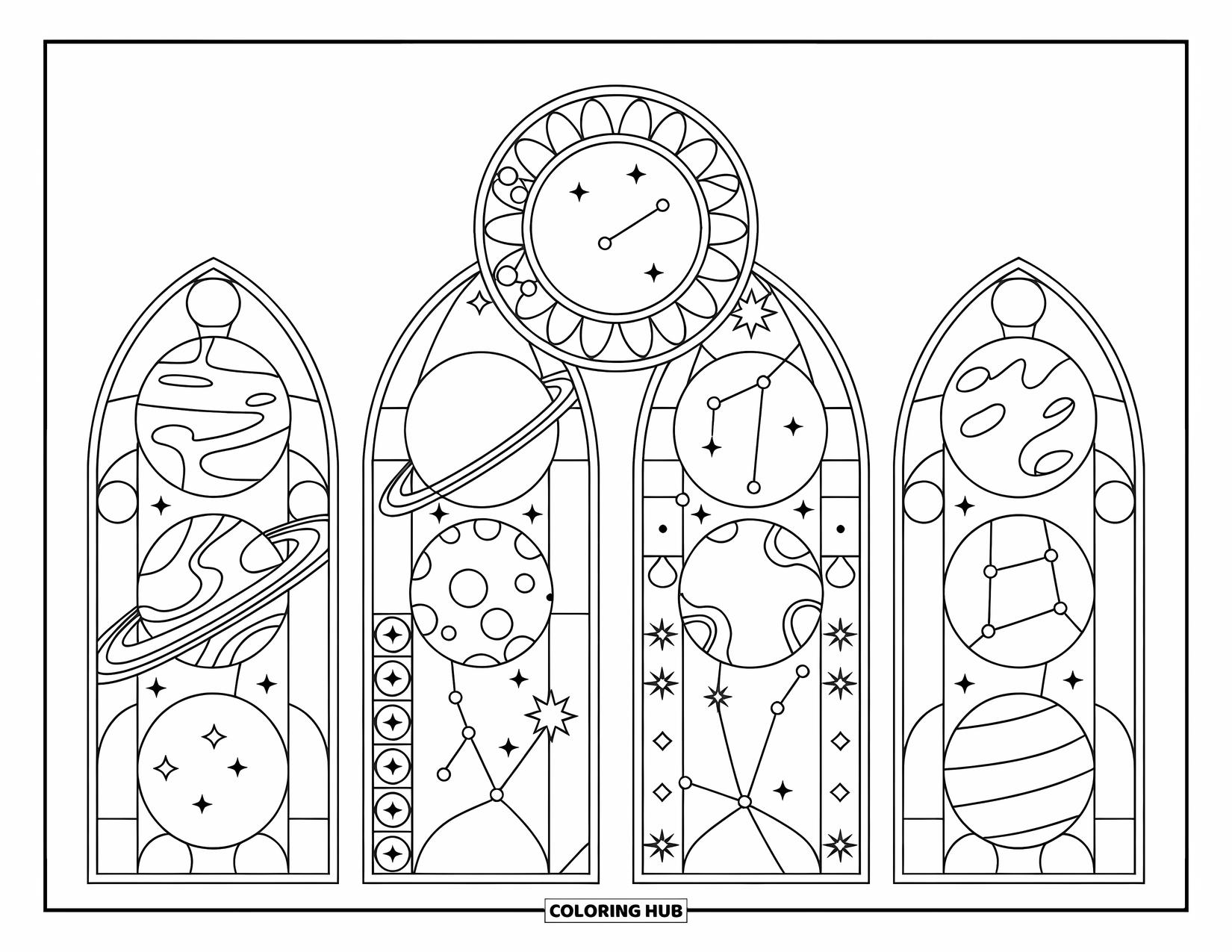 Coloriage de planète pour adultes : Des arches en vitrail encadrent des planètes à motifs, entourées d’étoiles et de lignes de constellations tourbillonnantes