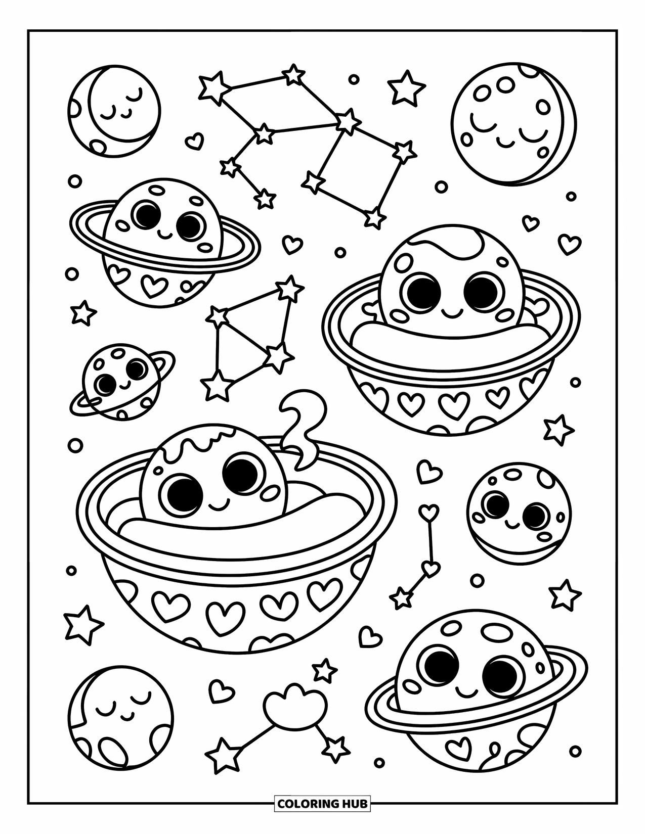 Coloriage de planète pour adultes : De minuscules planètes endormies se reposent dans des lits spatiaux confortables sous des constellations et des lunes flottantes