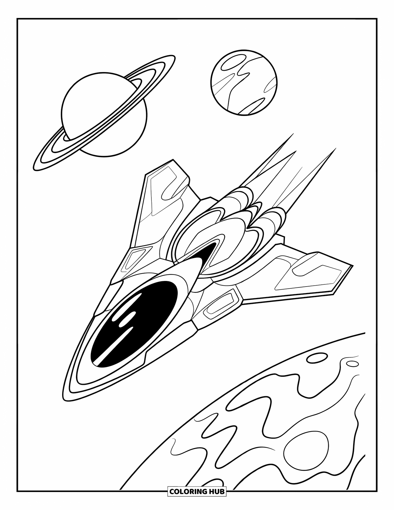Coloriage de planète pour enfants : Un vaisseau spatial émettant un faisceau navigue sur des planètes cratérisées reliées par des traînées orbitales et des étoiles brillantes