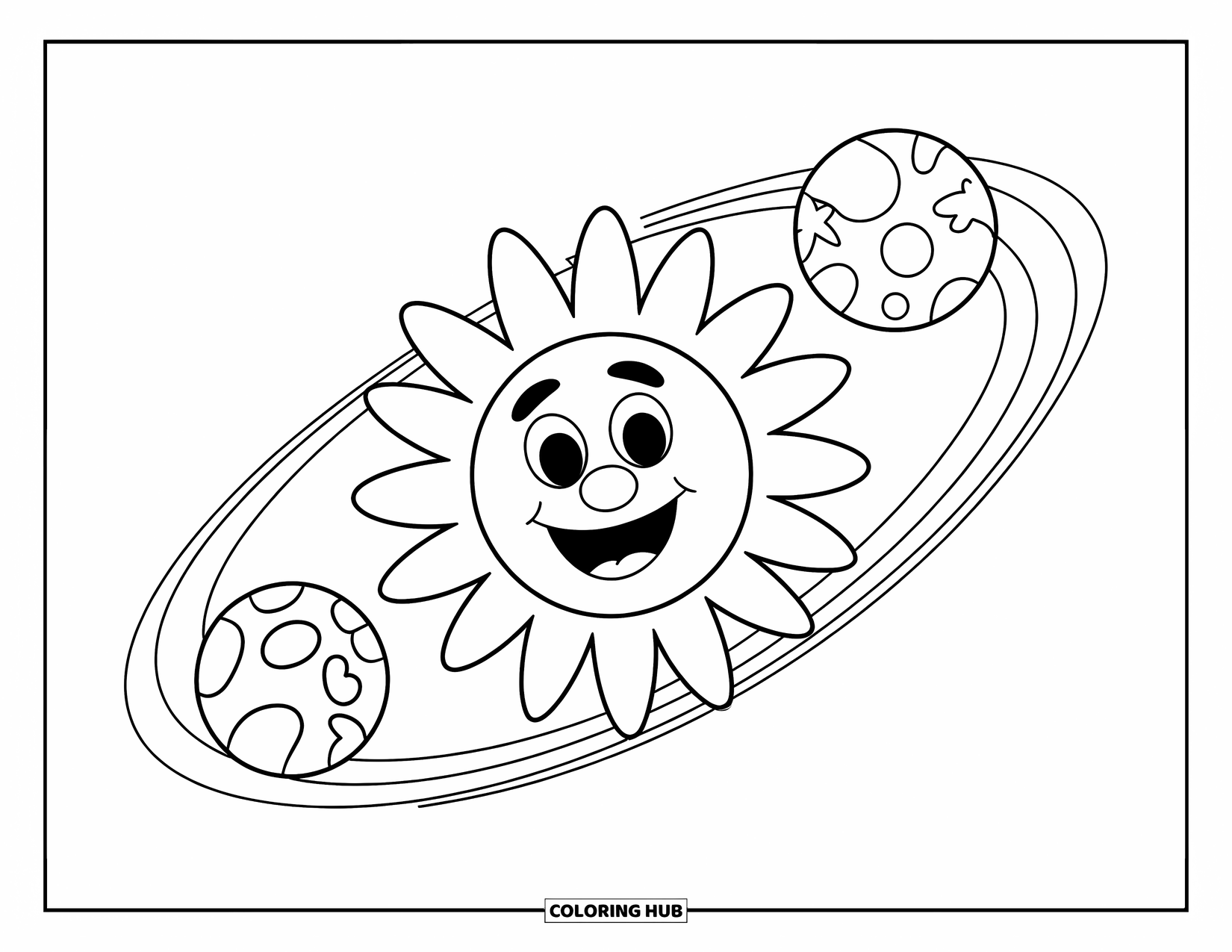 Coloriage de planète pour enfants : Un soleil rayonnant brille avec deux planètes tournant à proximité, décorées de cœurs et d’yeux joyeux