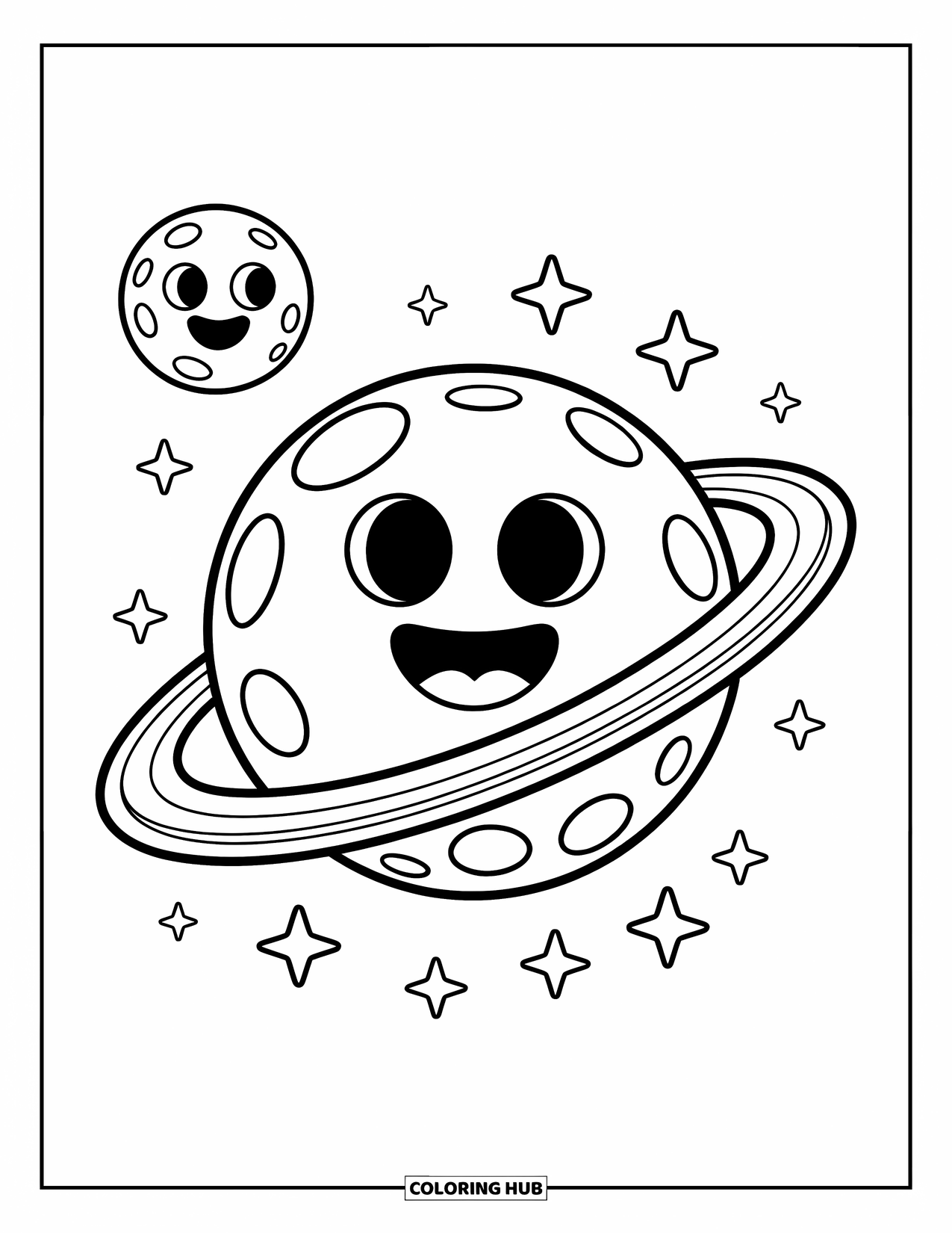 Coloriage de planète pour enfants : Une grande planète amicale avec un anneau sourit à côté d’un croissant de lune souriant et d’étoiles scintillantes