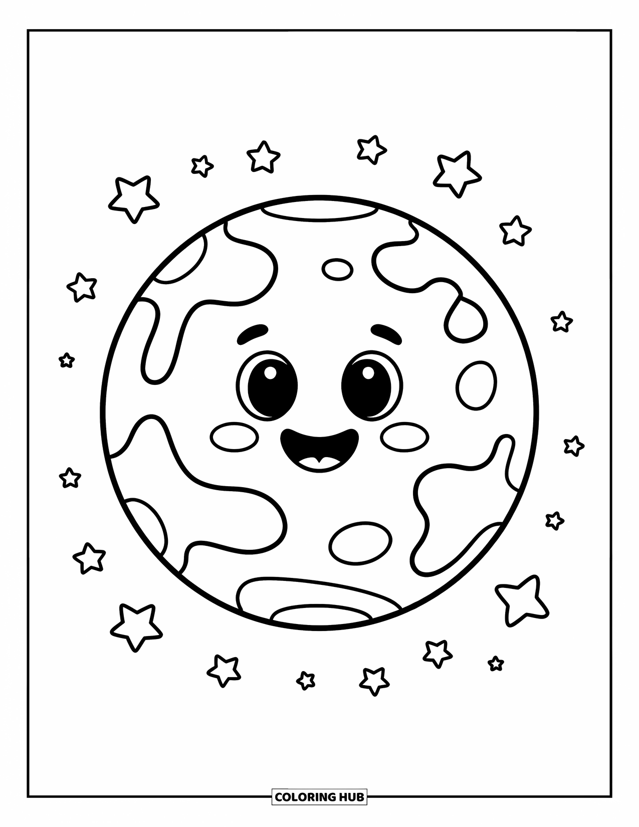 Coloriage de planète pour enfants : Une grande planète joyeuse sourit tandis que des étoiles scintillent tout autour de son visage lisse et rond