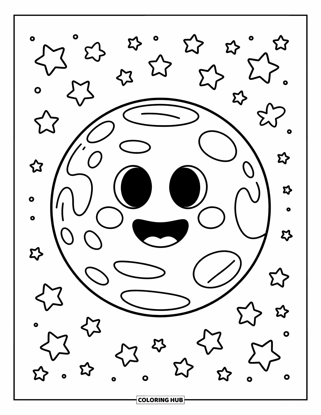 Coloriage de planète pour enfants : Une grande planète souriante flotte dans l’espace avec des étoiles dansant autour d’elle dans toutes les formes et tailles