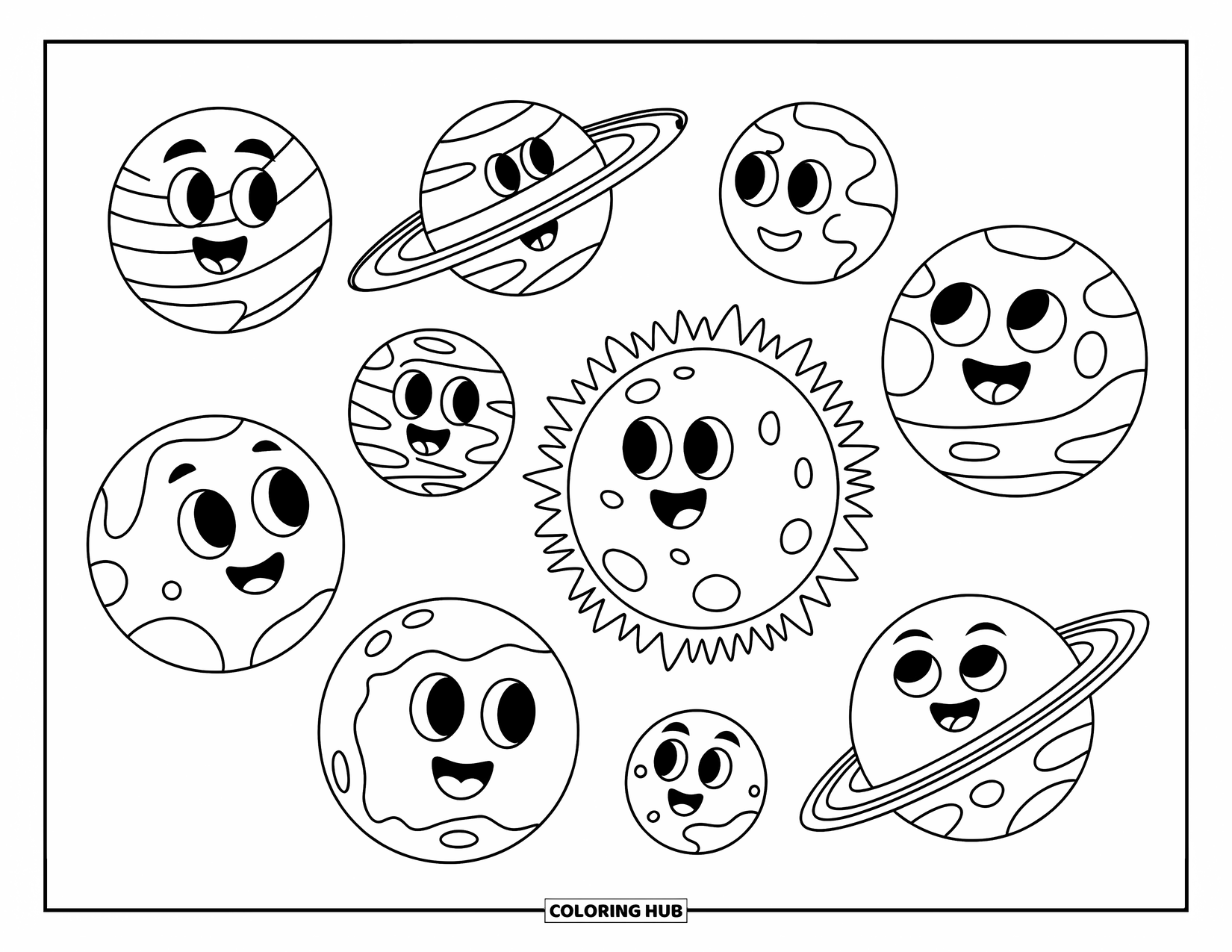 Coloriage de planète pour enfants : Un grand soleil brille au centre tandis que huit planètes souriantes orbitent avec de joyeux visages de dessins animés