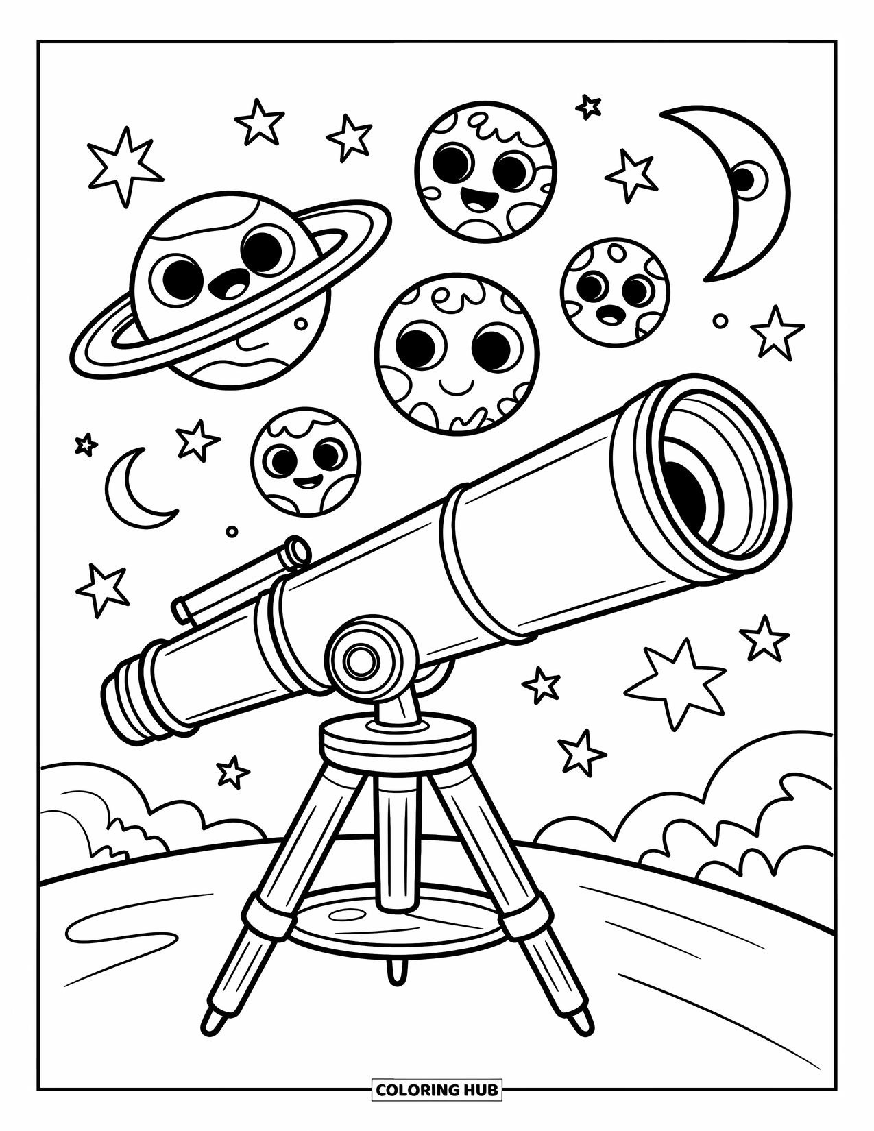 Coloriage de planète pour enfants : Un grand télescope regarde des planètes souriantes flottant parmi les étoiles et les comètes