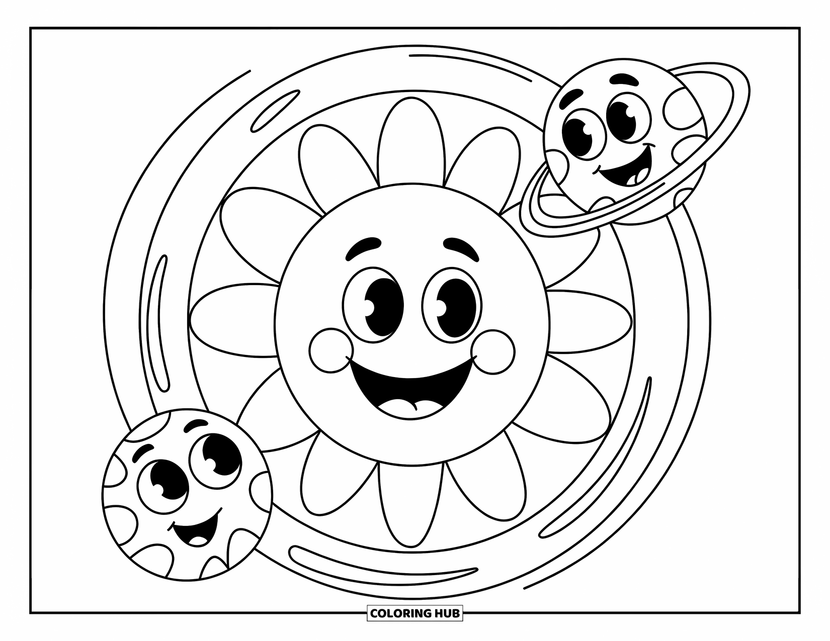 Coloriage de planète pour enfants : Un soleil brillant sourit tandis que deux planètes mignonnes flottent à proximité, chacune avec des formes et des visages amusants