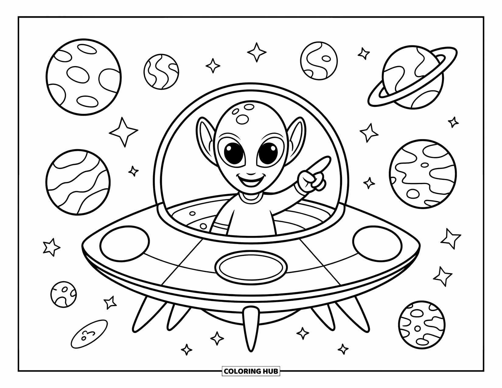 Coloriage de planète pour enfants : Un extraterrestre joyeux flotte dans un vaisseau spatial, pointant vers les huit planètes alignées devant