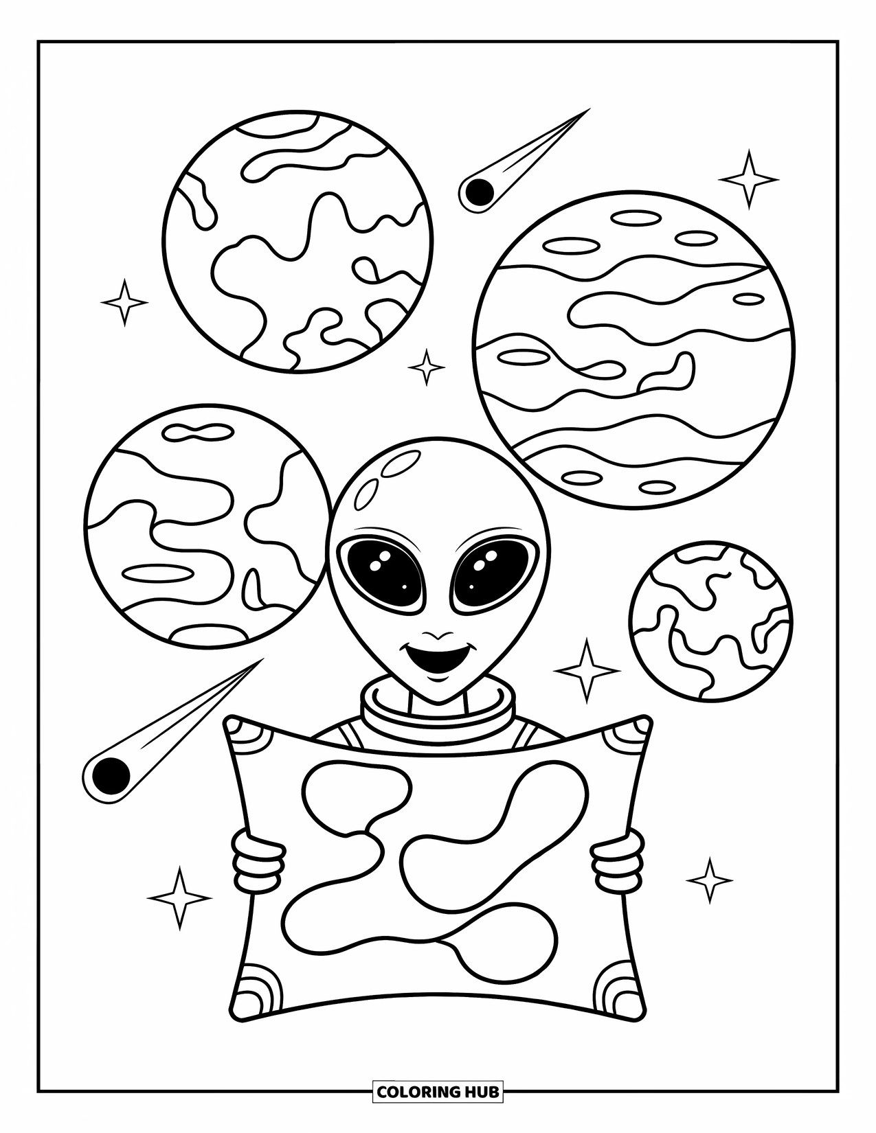 Coloriage de planète pour enfants : Un extraterrestre joyeux étudie une carte en rouleau à côté de planètes avec des forêts, des océans et un terrain rocheux