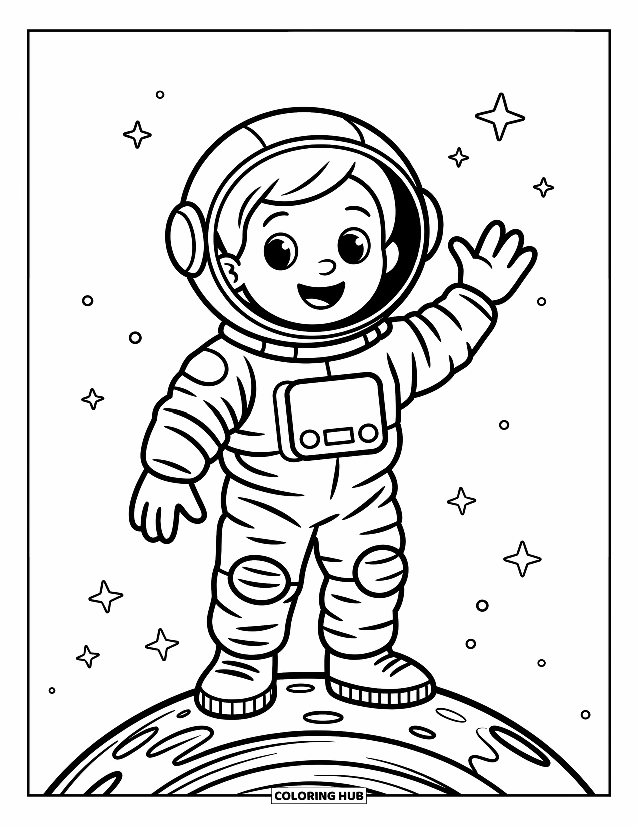 Coloriage de planète pour enfants : Un astronaute joyeux fait signe depuis une planète ronde avec un sol bosselé et des étoiles dans le ciel