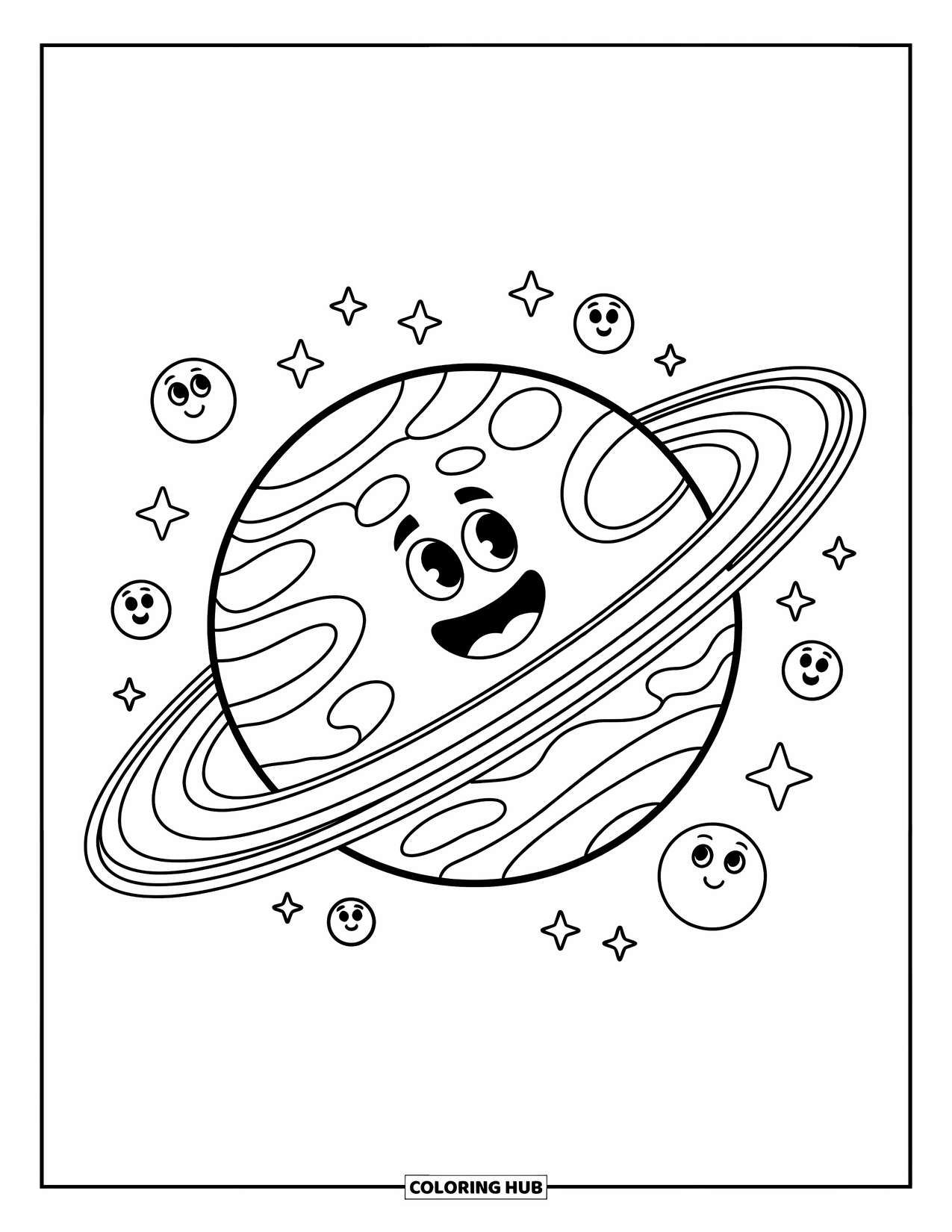 Coloriage de planète pour enfants : Une planète joyeuse se penche dans ses anneaux tandis que de petites lunes dansent autour