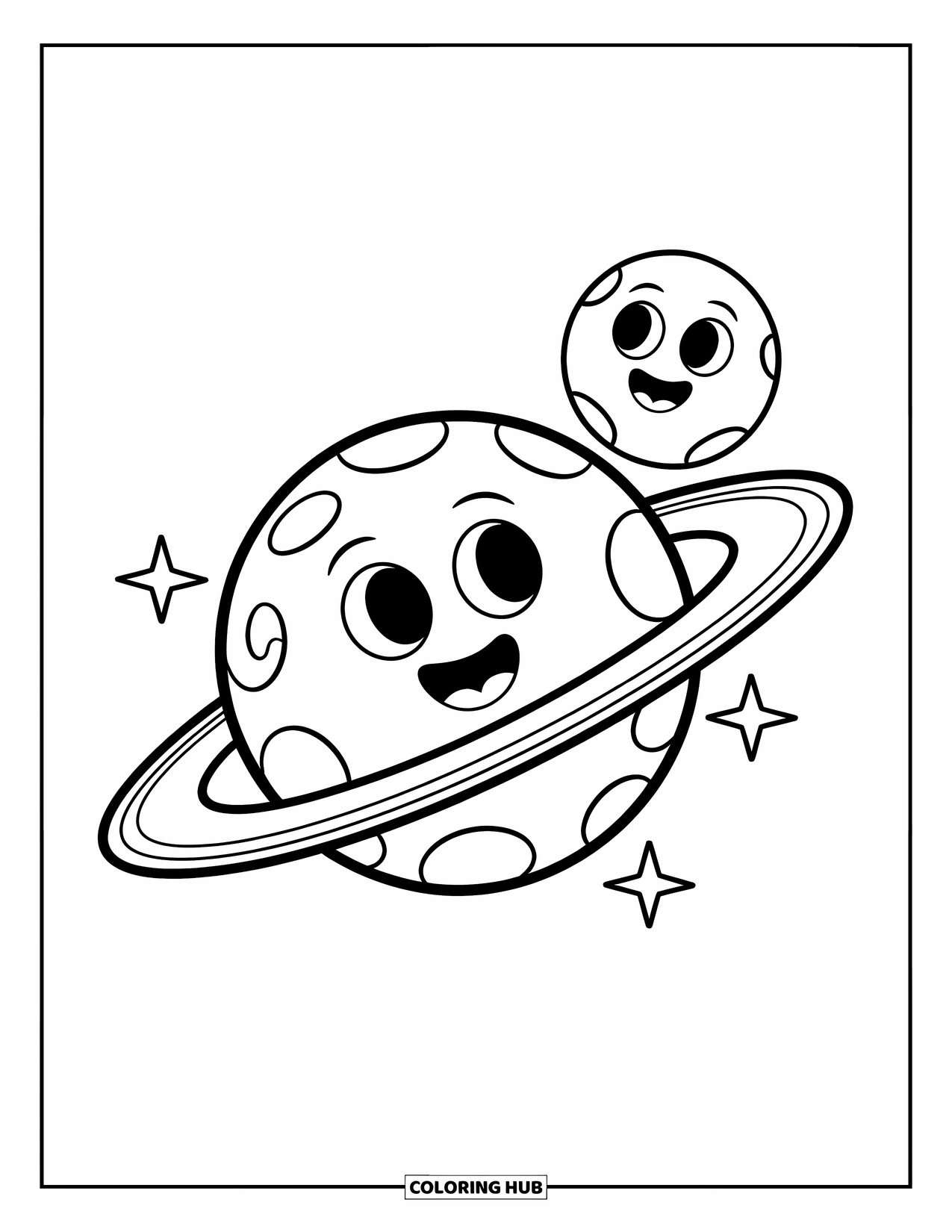 Coloriage de planète pour enfants : Une planète joyeuse avec un anneau étoilé et une lune souriante brille dans un ciel ludique