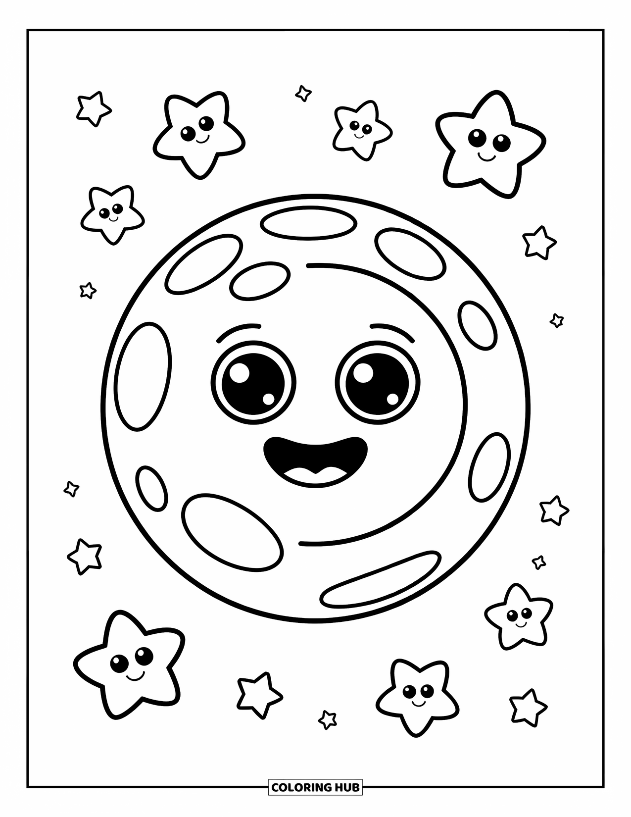 Coloriage de planète pour enfants : Une planète joyeuse avec des yeux brillants flotte parmi des visages amicaux en forme d’étoile dans l’espace