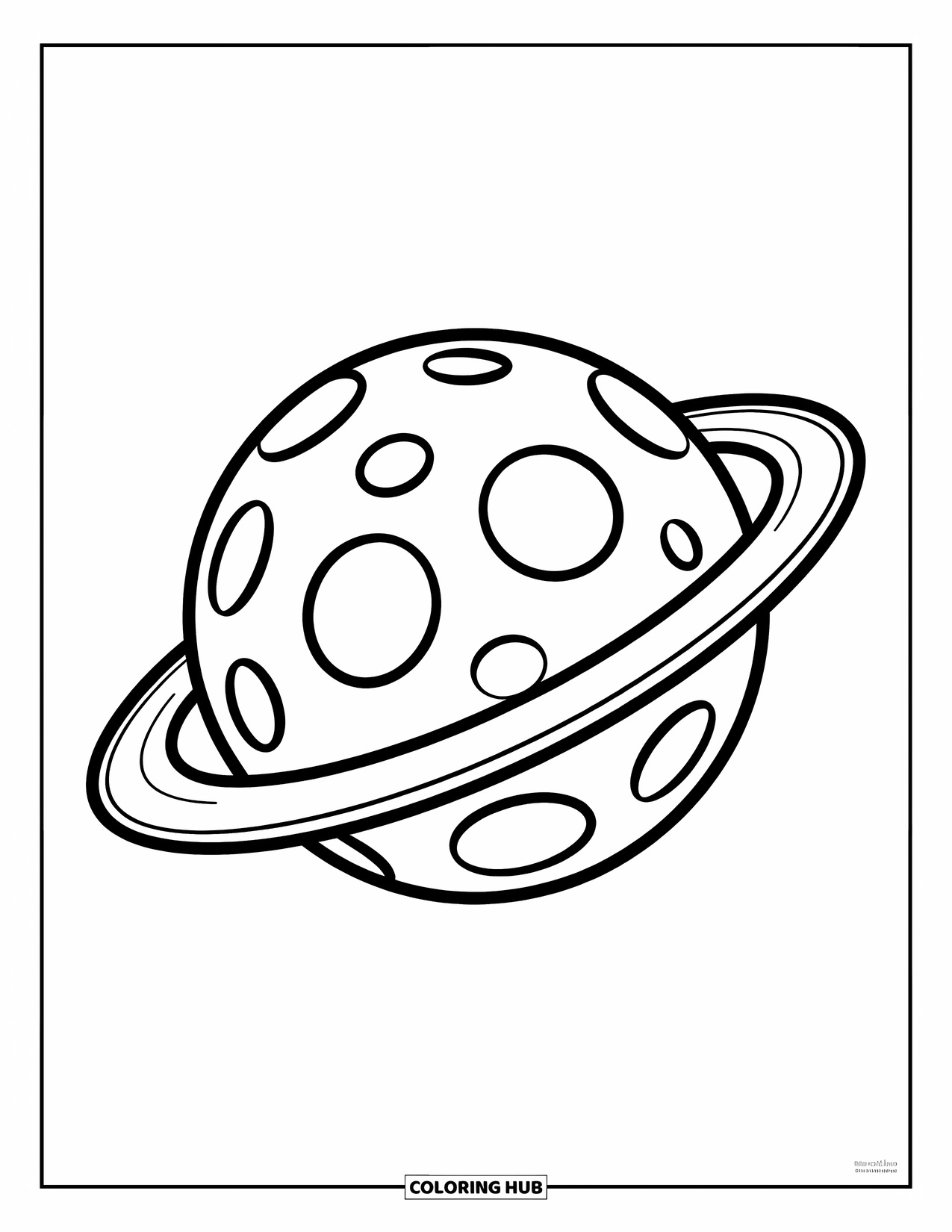 Coloriage de planète pour enfants : Une planète joyeuse avec des taches bosselées flotte avec un anneau audacieux qui l’entoure et un grand sourire