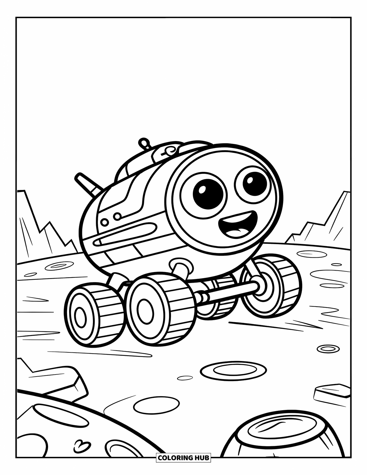 Coloriage de planète pour enfants : Un rover joyeux avec de grands yeux roule sur une surface cratérisée sous un ciel étoilé