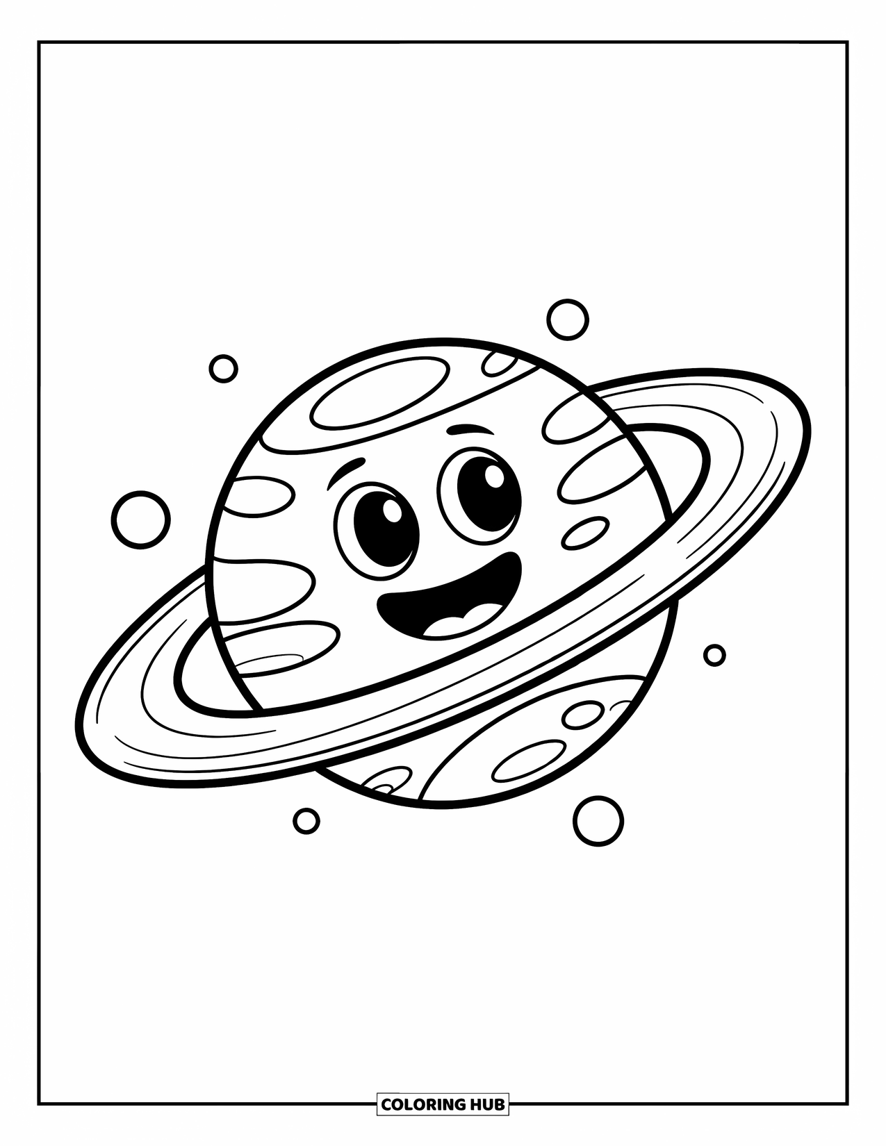 Coloriage de planète pour enfants : Un Saturne joyeux flotte avec des anneaux pleins de points, souriant avec de grands yeux joyeux