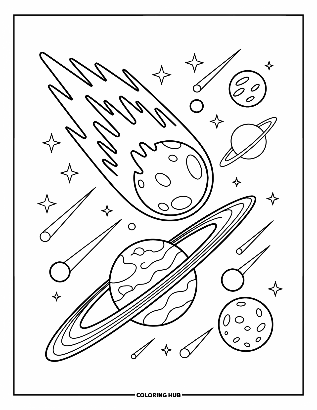 Coloriage de planète pour enfants : Une comète passe devant des planètes alignées avec des anneaux, des cratères et des détails d’étoiles scintillantes