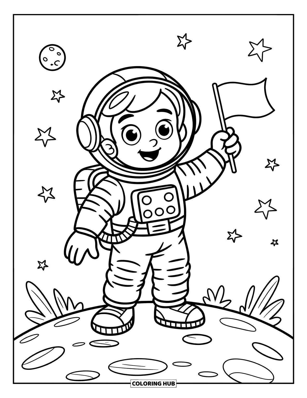 Coloriage de planète pour enfants : Un astronaute mignon fait signe de la main et tient un drapeau sur une petite planète avec de petites plantes et une lune au-dessus