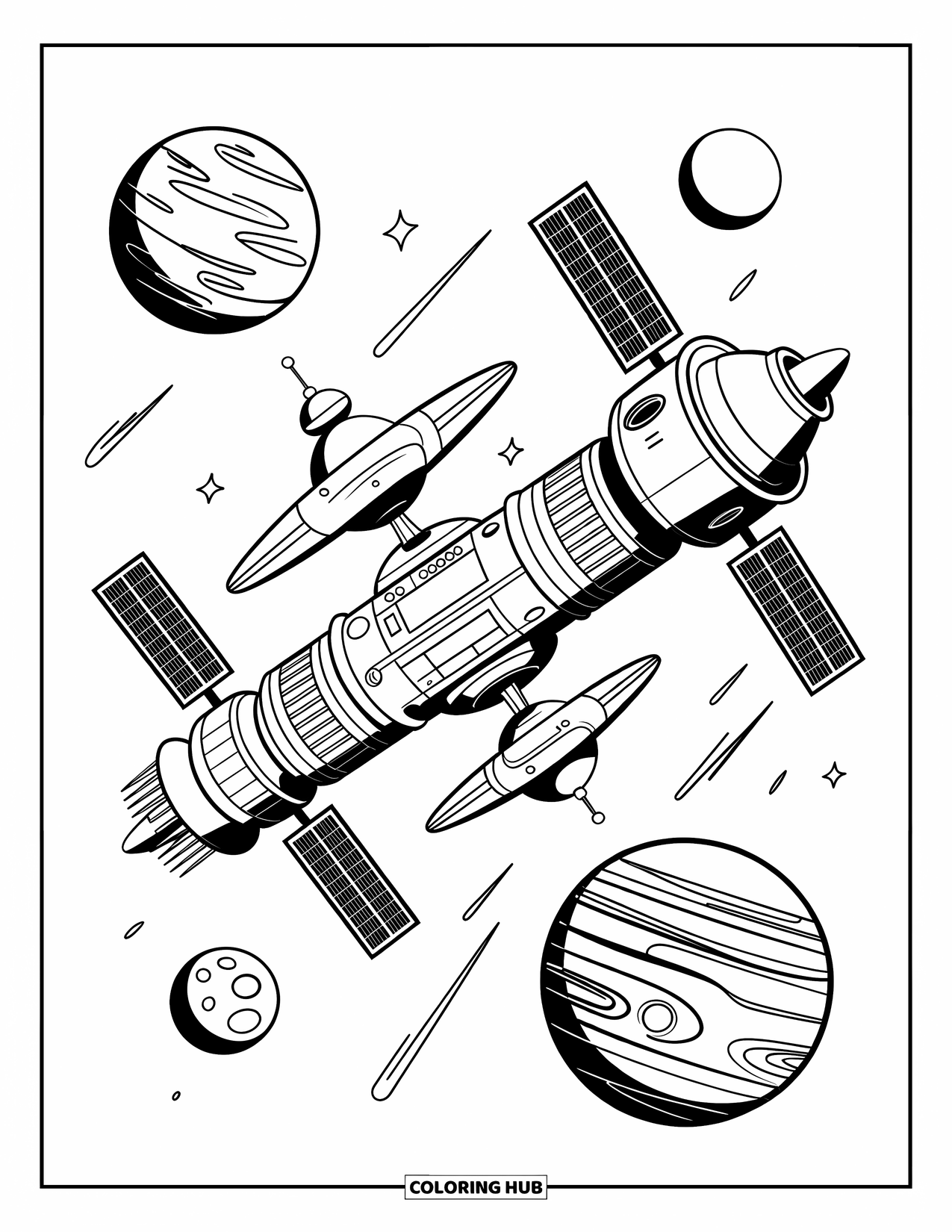 Coloriage de planète pour enfants : Une station spatiale détaillée orbite près de Mars et de Jupiter, remplie de dômes, de panneaux et de satellites