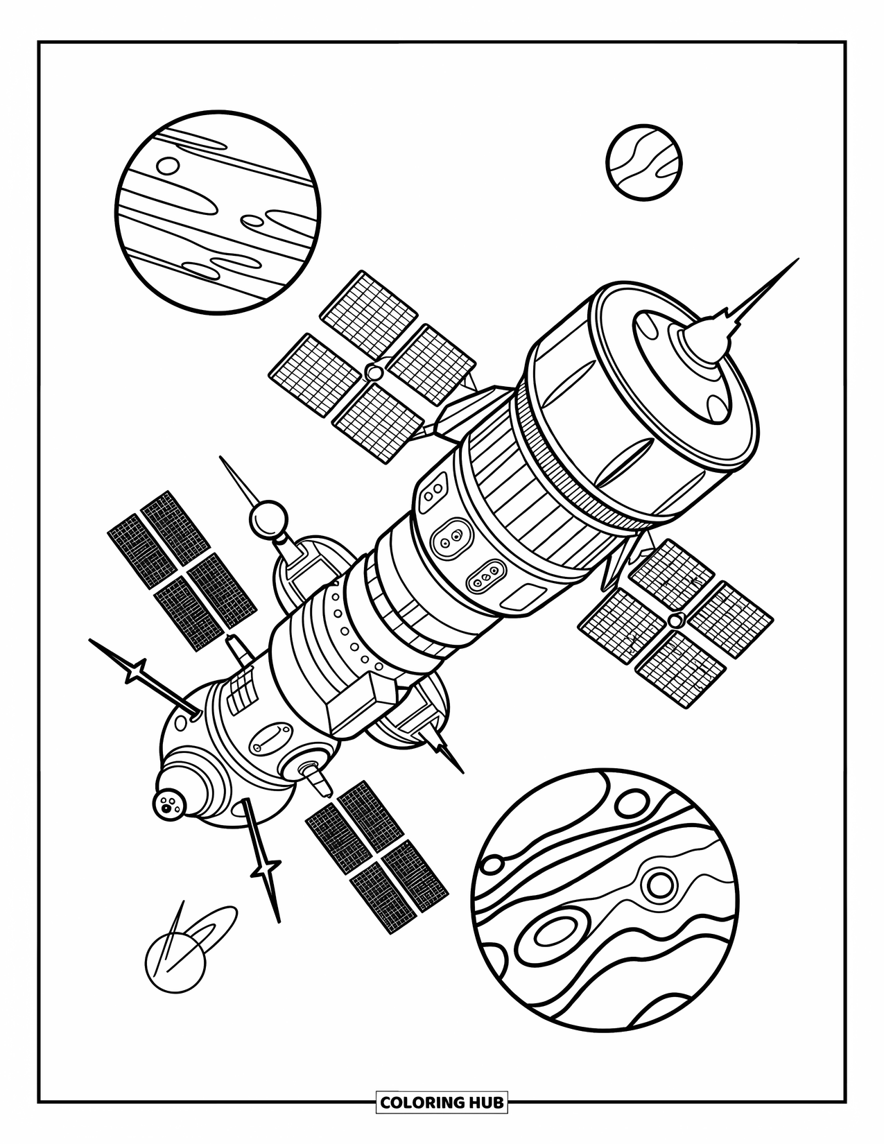 Coloriage de planète pour enfants : Une station spatiale dynamique avec des antennes et des nacelles glisse entre les formes audacieuses de Mars et de Jupiter