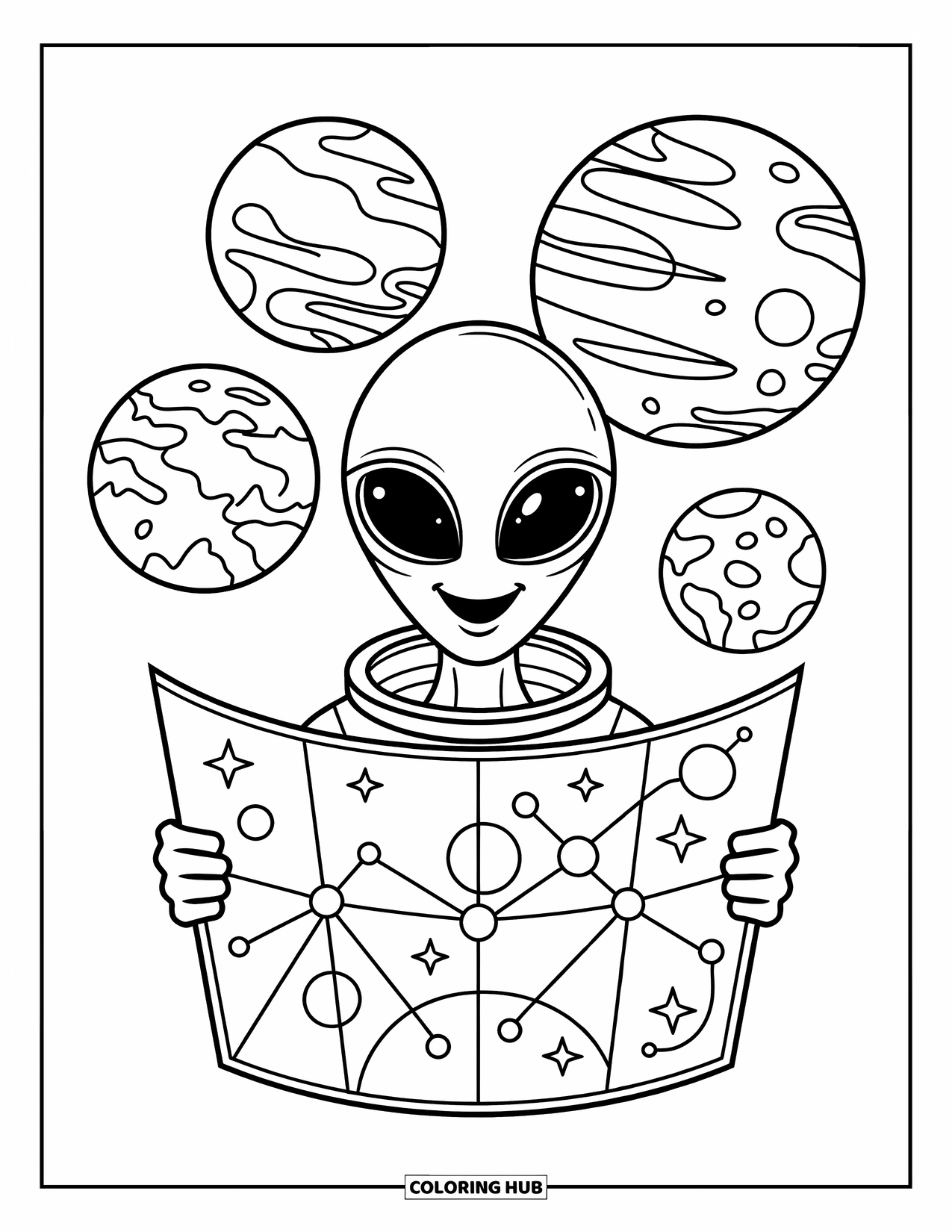 Coloriage de planète pour enfants : Un extraterrestre amical tient une carte de l’espace devant trois planètes au design unique
