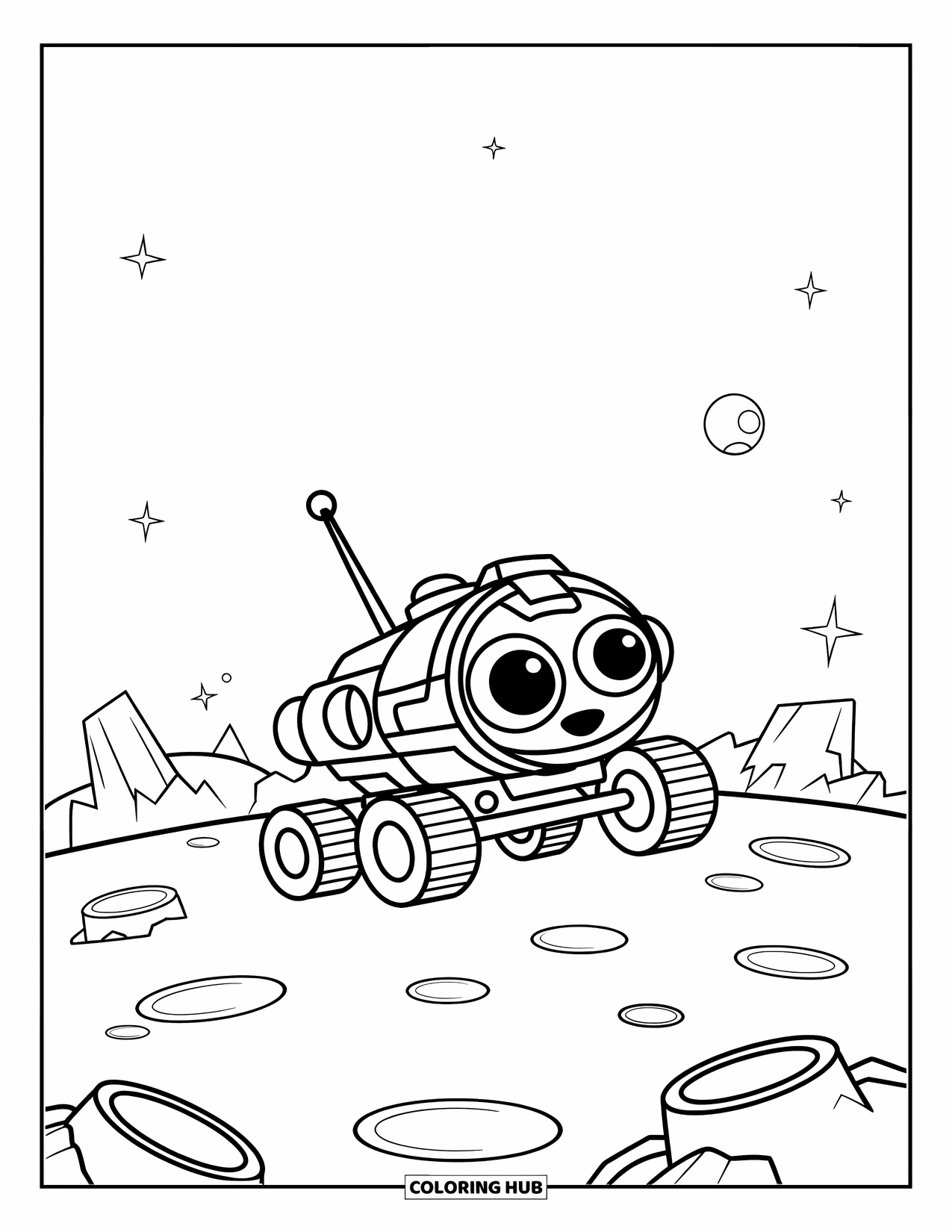 Coloriage de planète pour enfants : Un rover amical avec un grand sourire explore une petite planète avec des cratères et des roches
